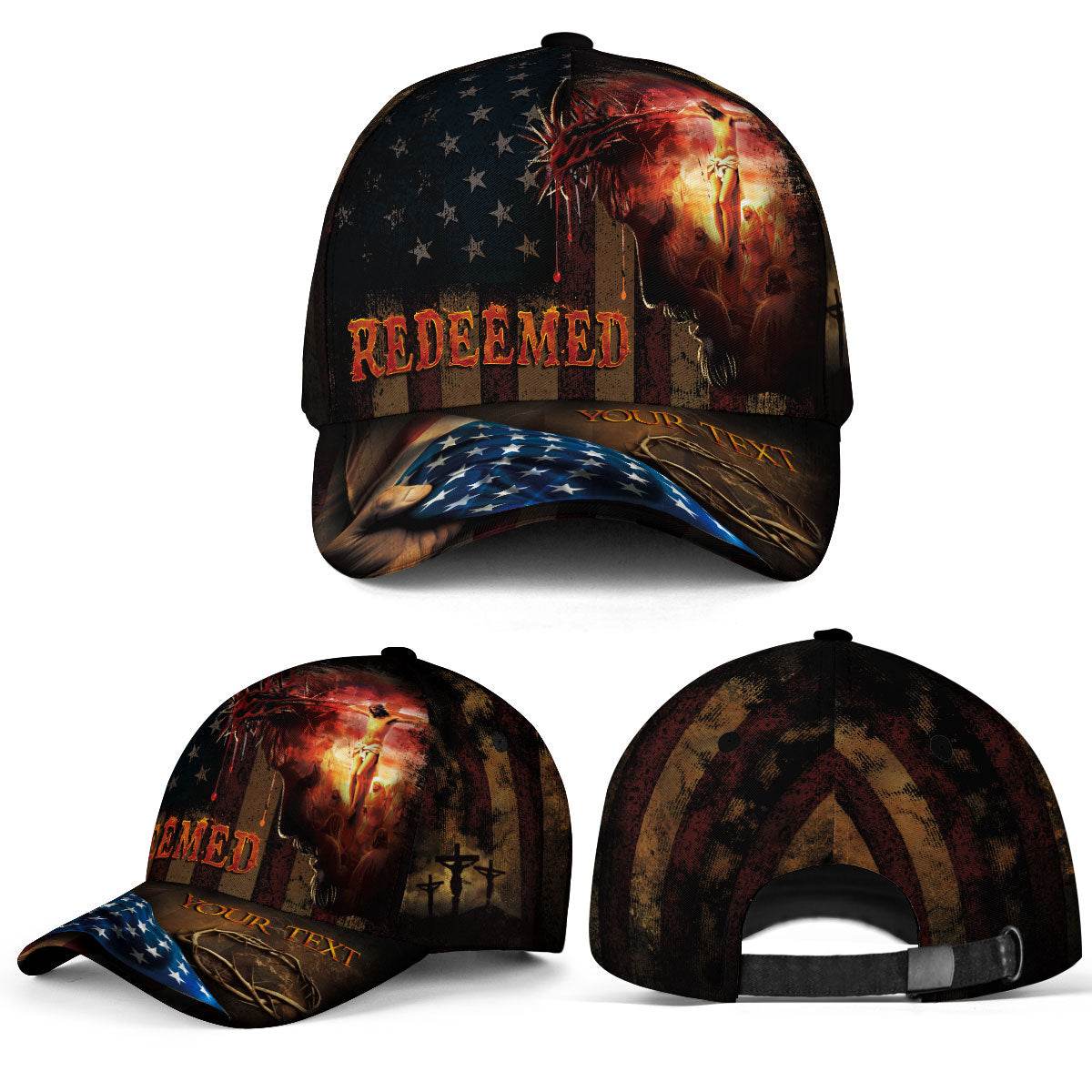 Redeemed by the Blood – Christian Flag Custom Cap with Cross & Christ Silhouette - Rust Field Wear
