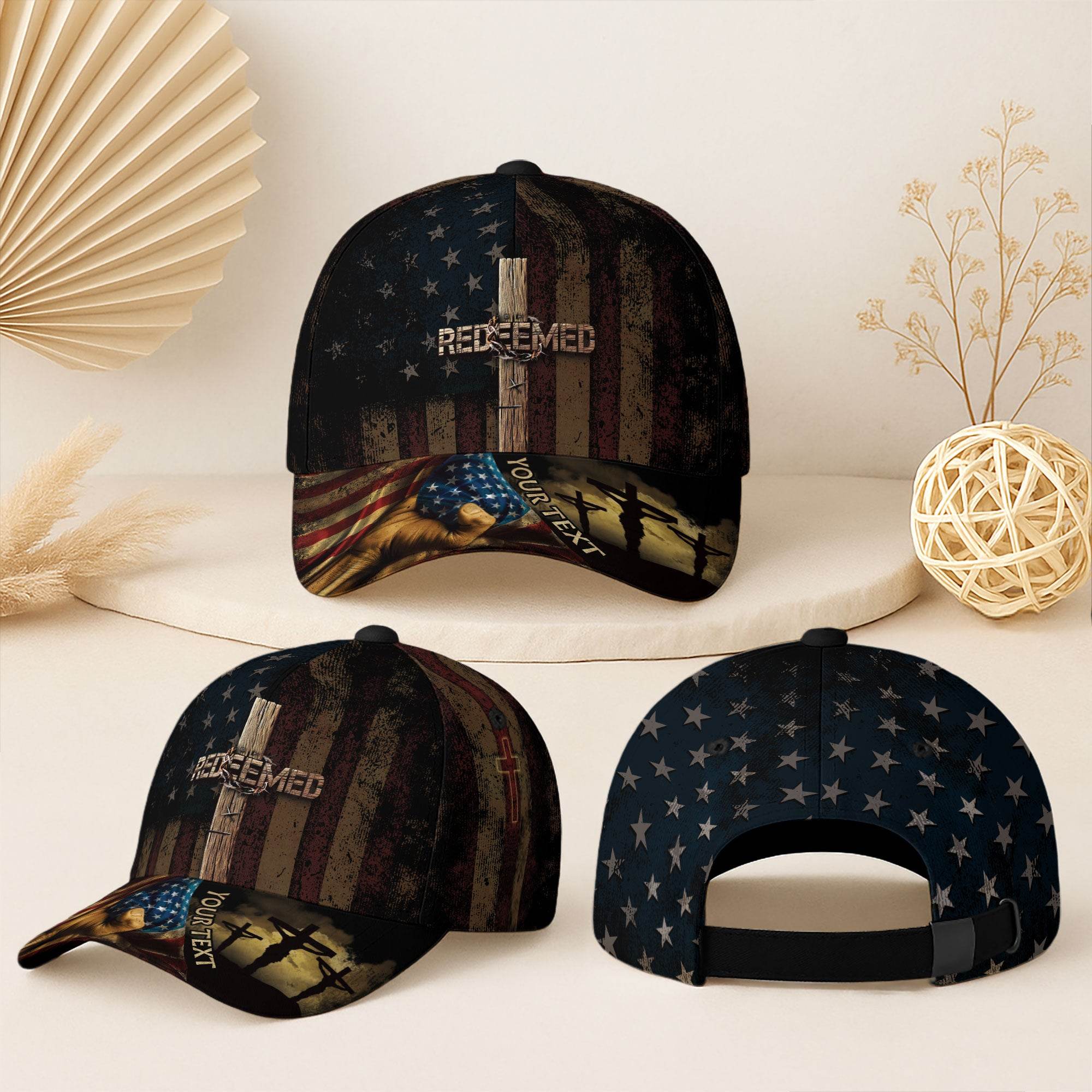 REDEEMED American Flag Cross Cap – Personalized Christian Hat - Rust Field Wear