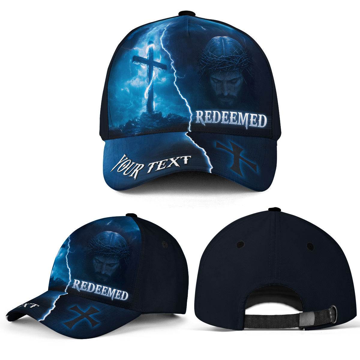 REDEEMED Cross & Christ Cap – Stormy Blue Christian Hat with Custom Text - Rust Field Wear