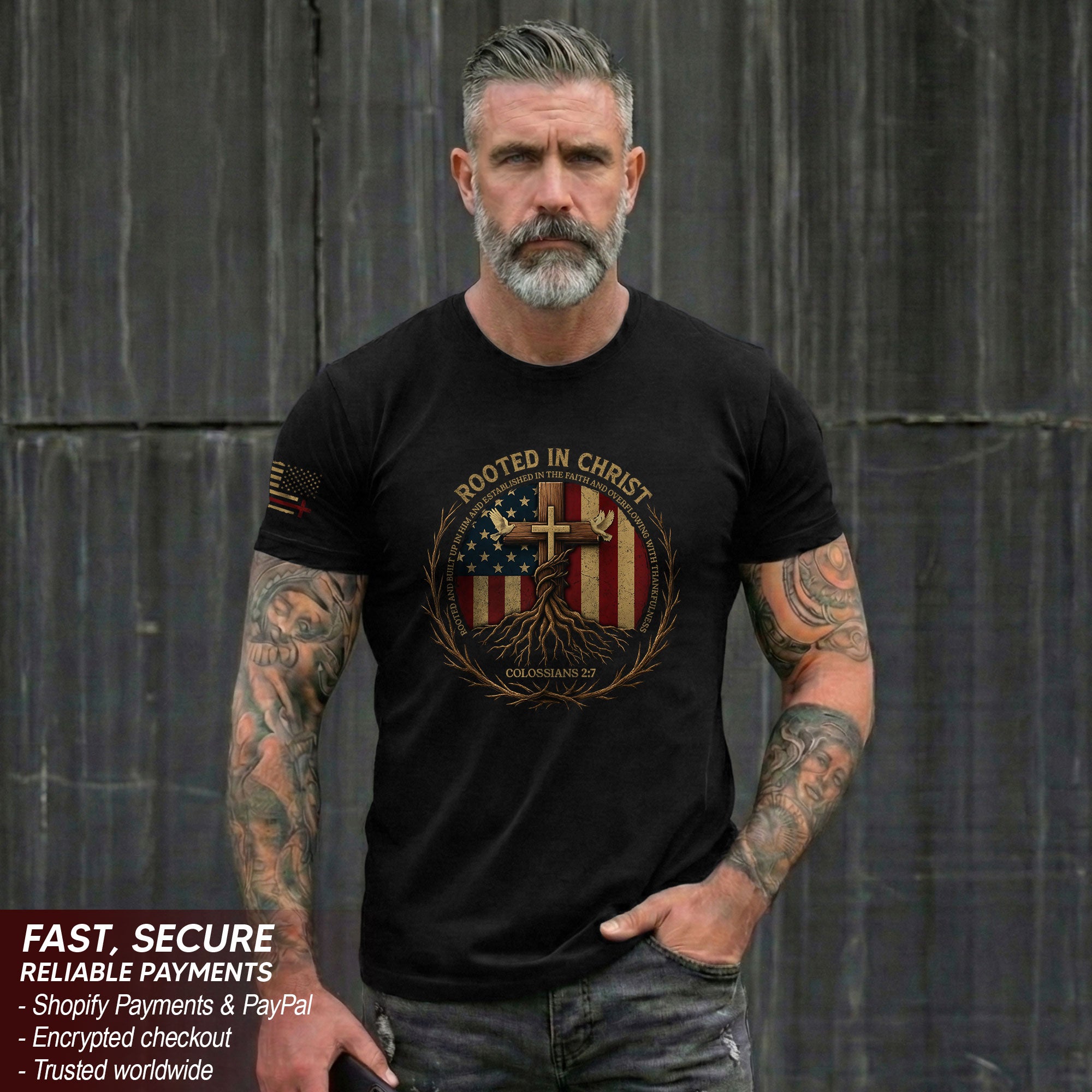 Rooted in Christ – Colossians 2:7 American Flag Faith T-shirt