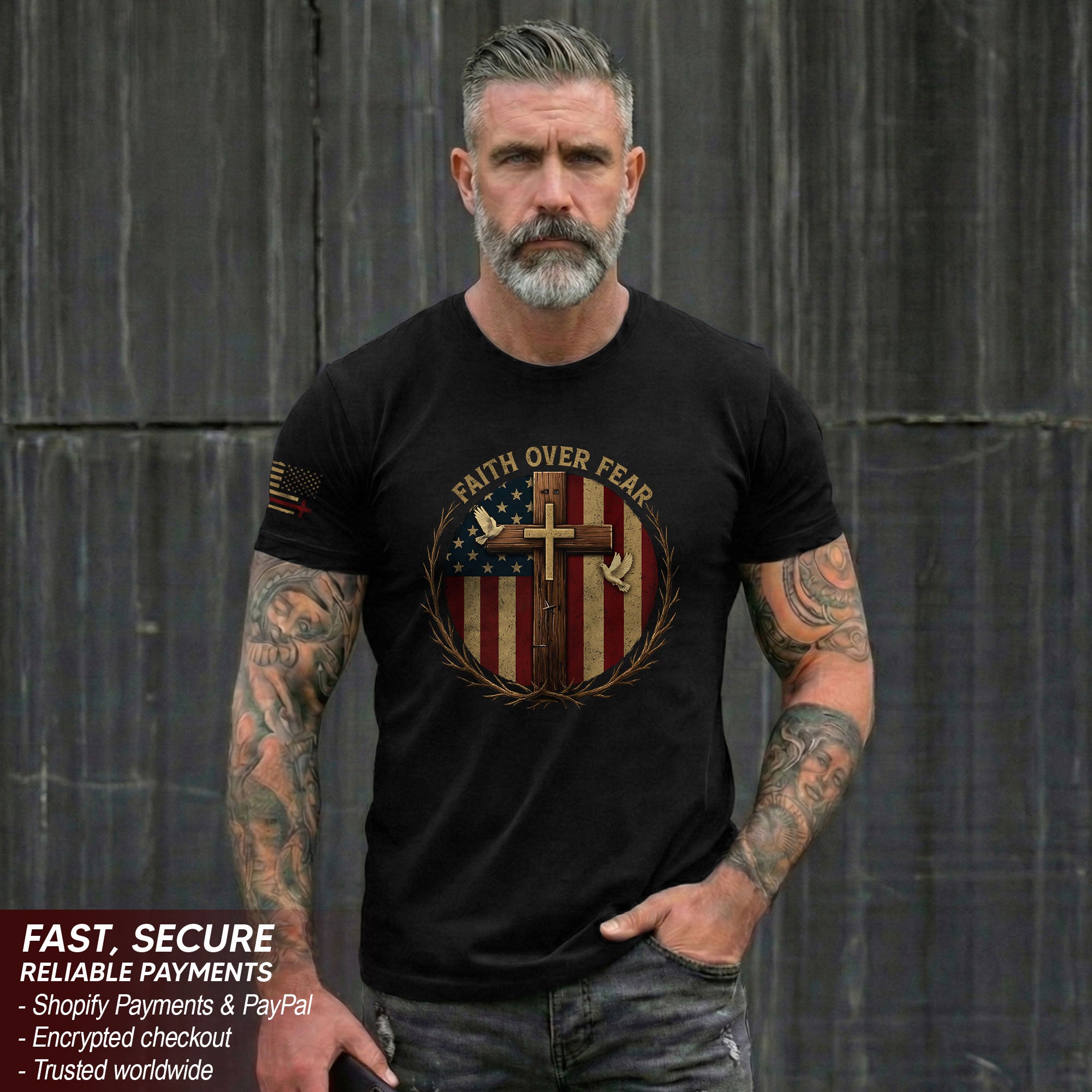 Faith Over Fear American Flag Cross Christian T-Shirt