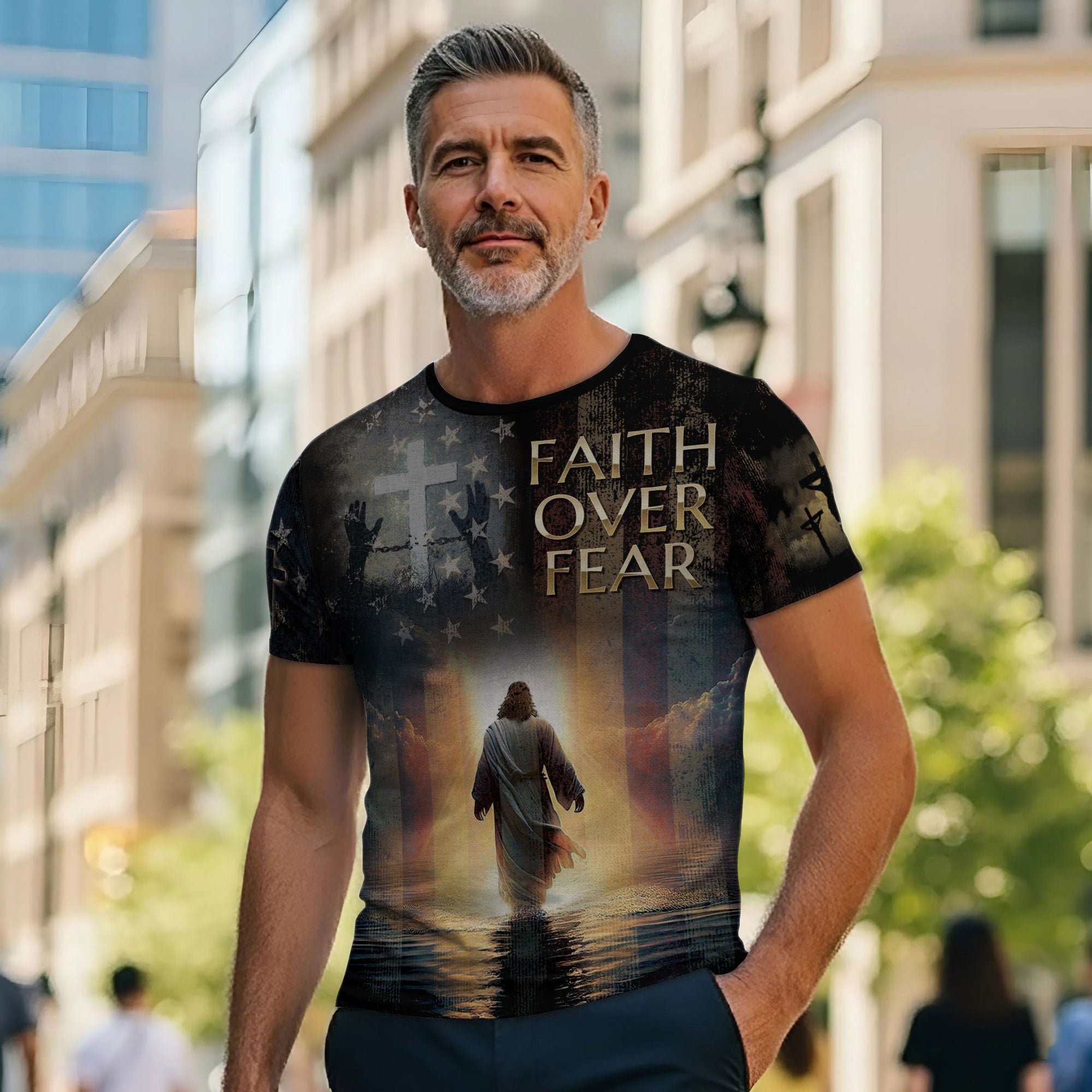 Faith Over Fear Jesus Walks On Water Christian Patriotic T-Shirt