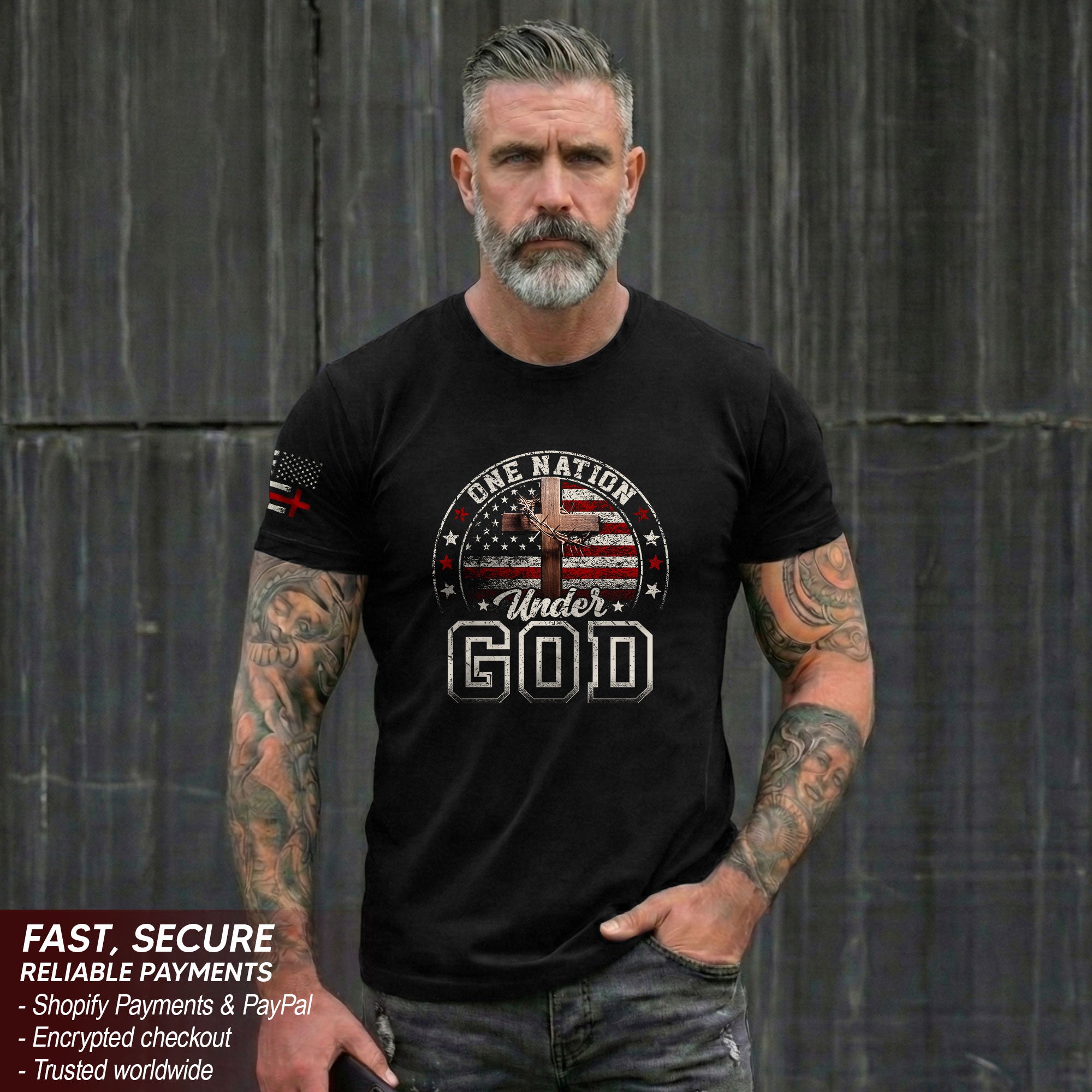 One Nation Under God Christian American Flag Cross Shirt