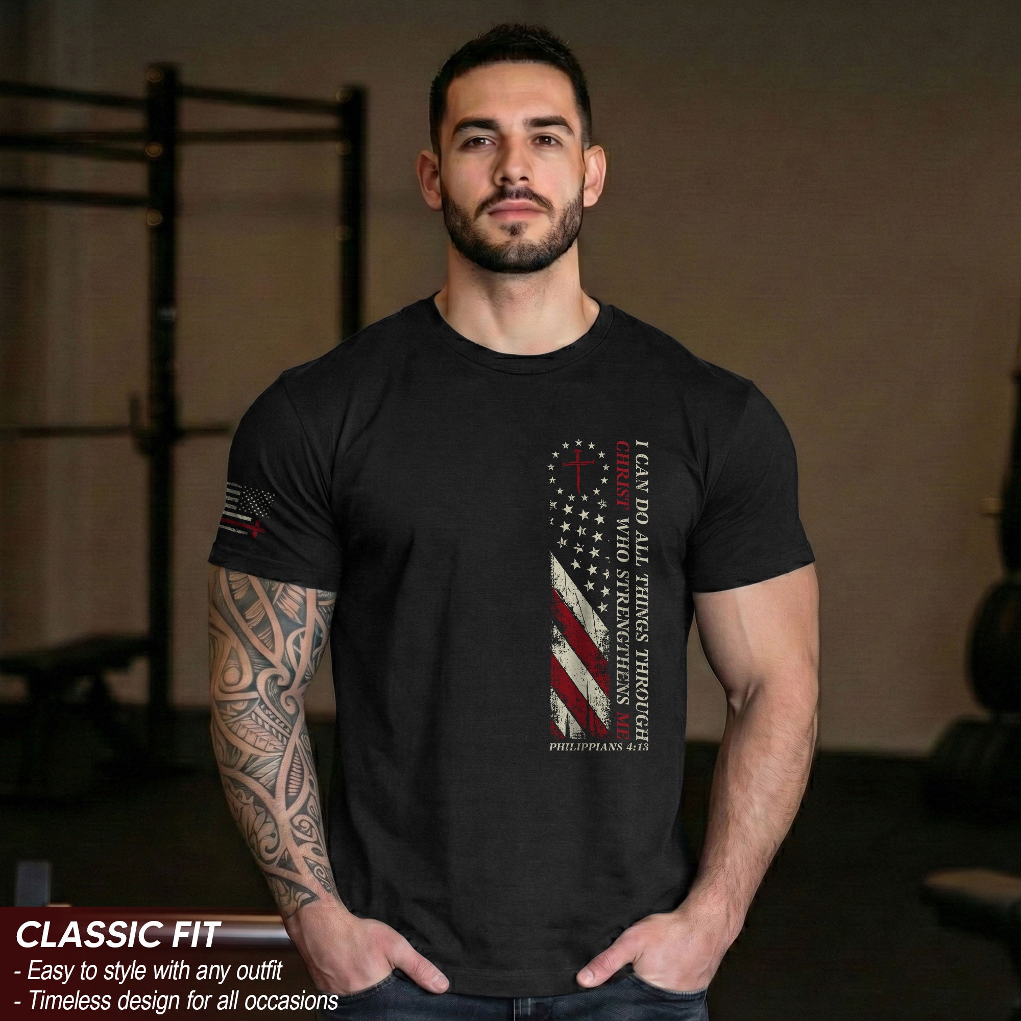 Philippians 4:13 Shirt – I Can Do All Things Through Christ American Flag Tee