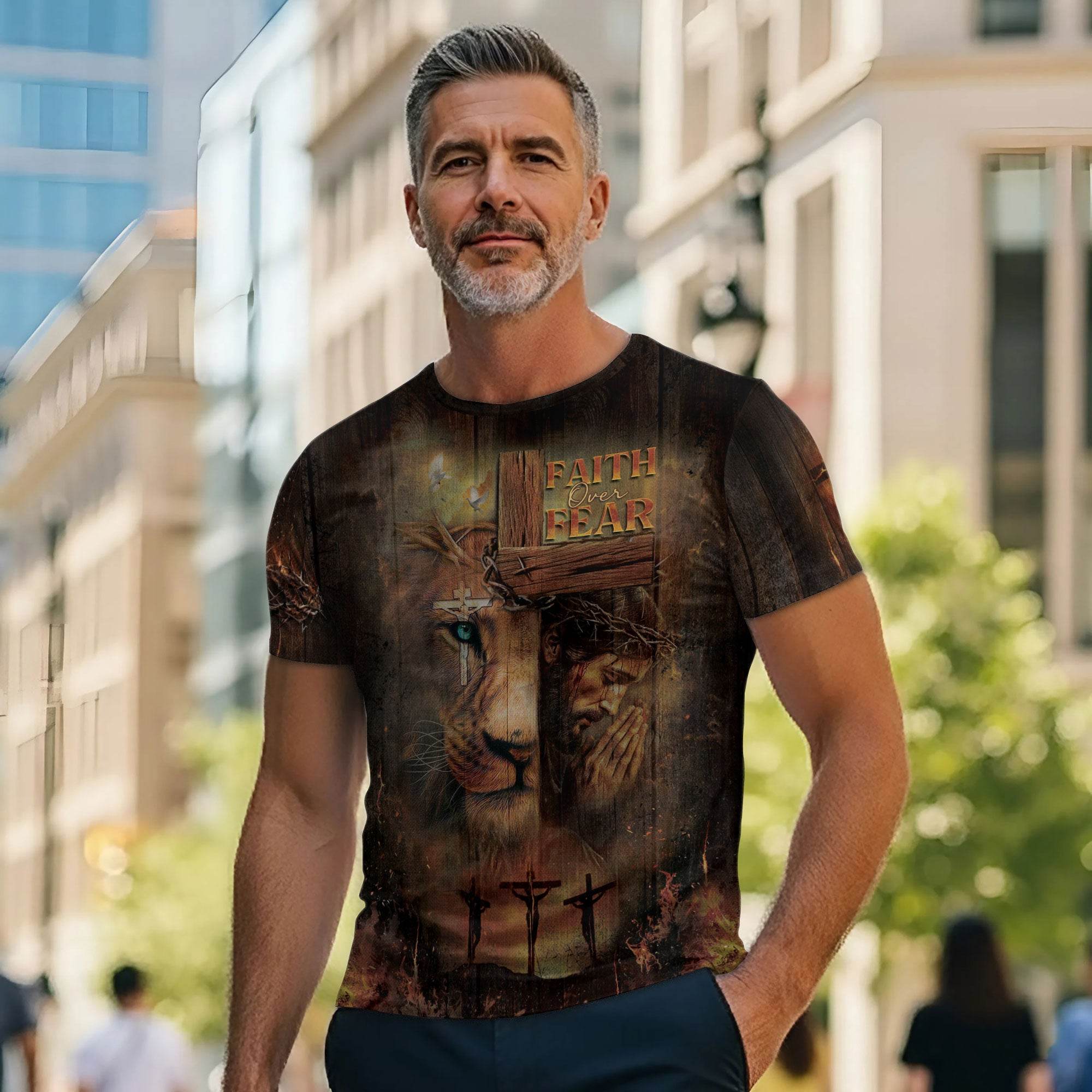 Faith Over Fear Lion & Cross Christian T-Shirt - Rust Field Wear