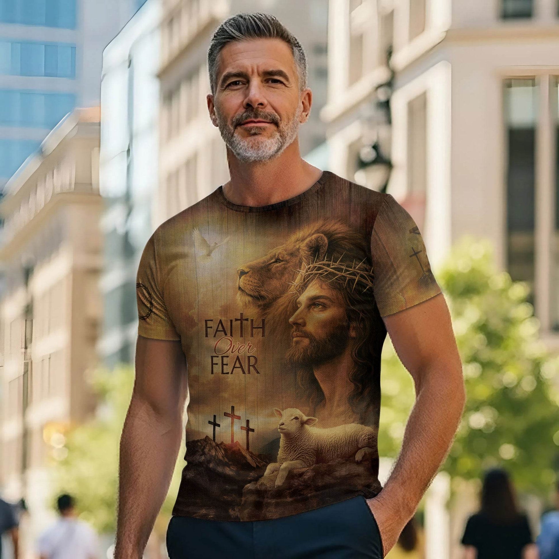 Faith Over Fear Lion, Jesus & Lamb T-Shirt - Rust Field Wear