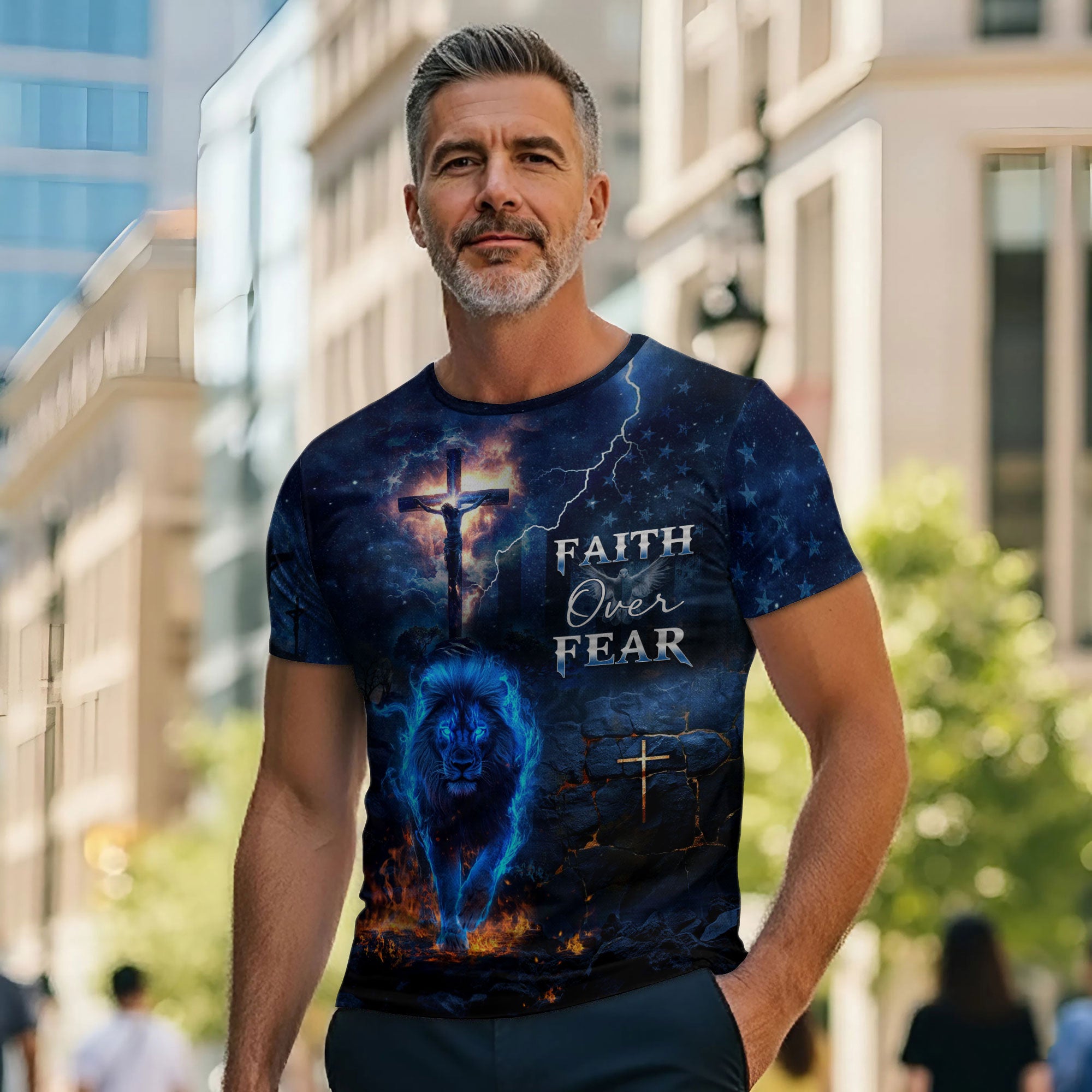 Faith Over Fear Blue Fire Lion And Crucifixion T-Shirt