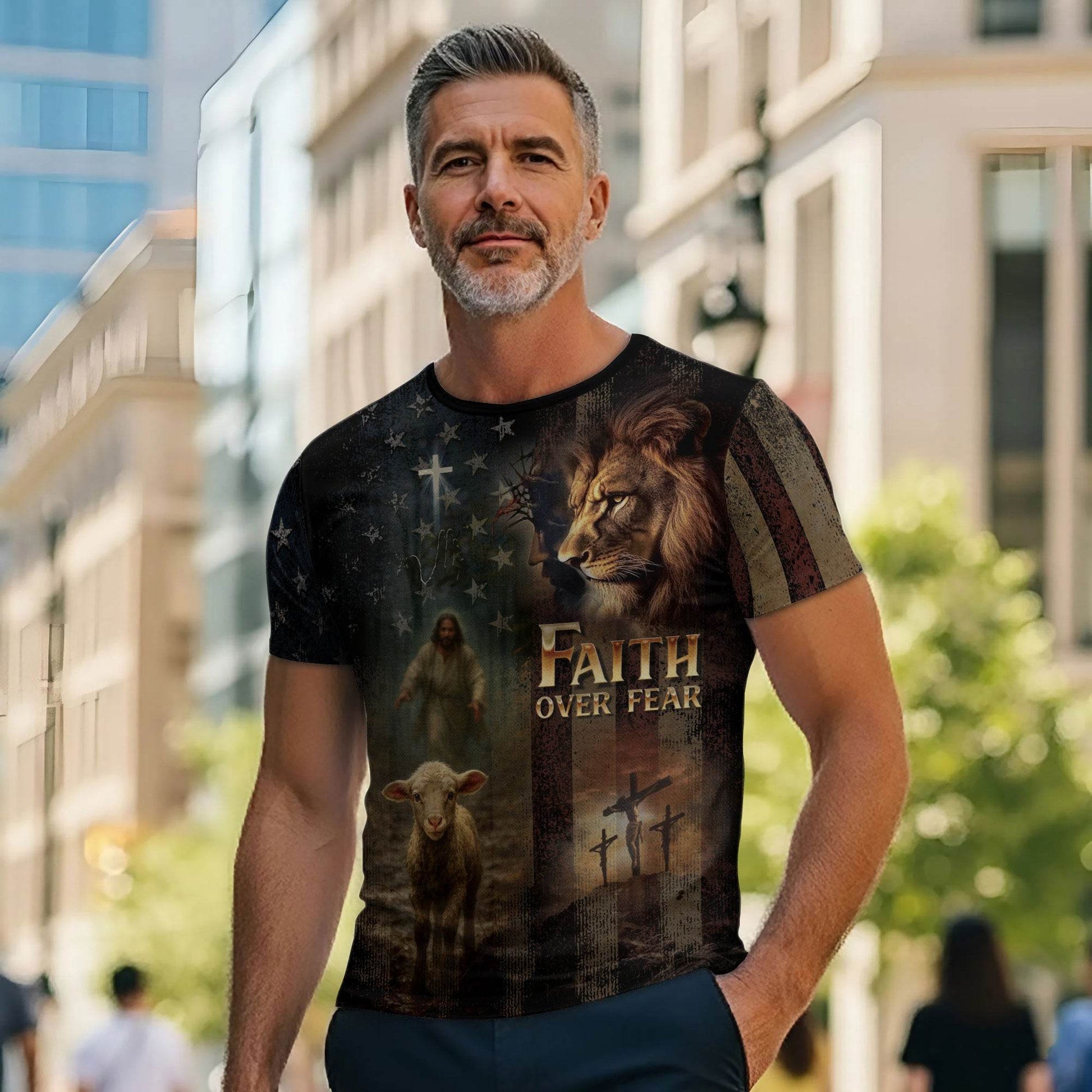 Faith Over Fear Lion & Lamb Christian Cross T-Shirt - Rust Field Wear