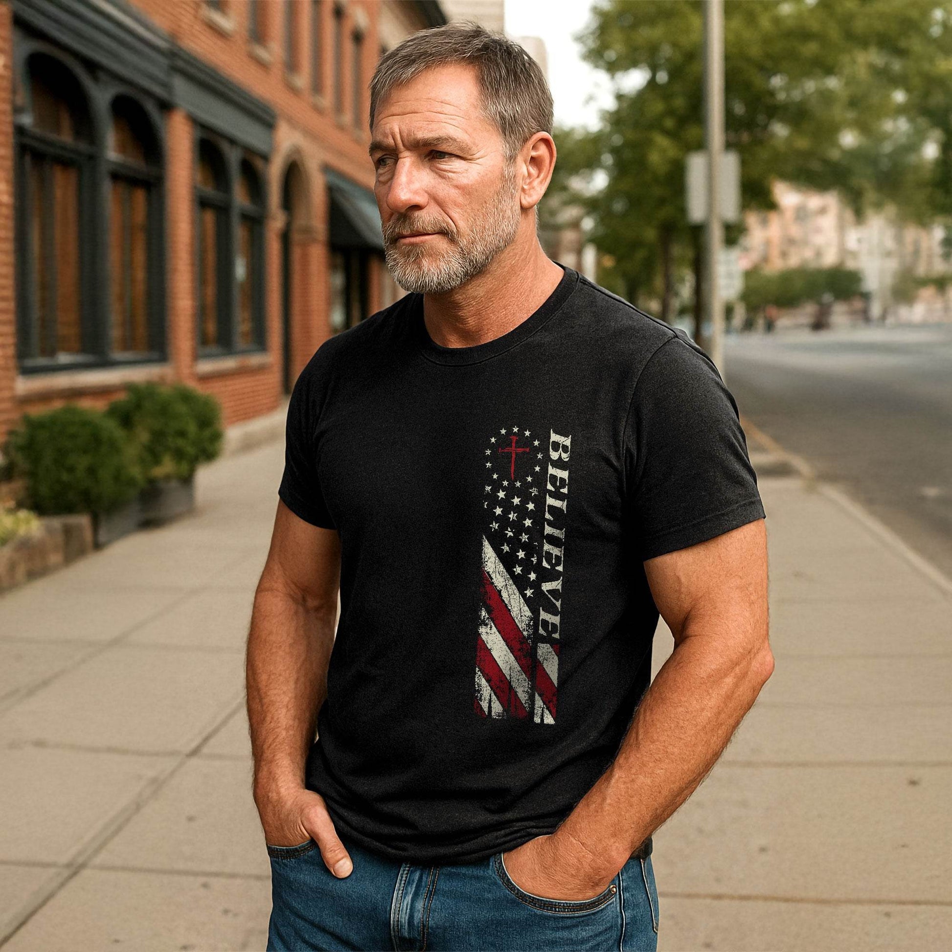 Believe American Flag Cross T-Shirt - Rust Field Wear