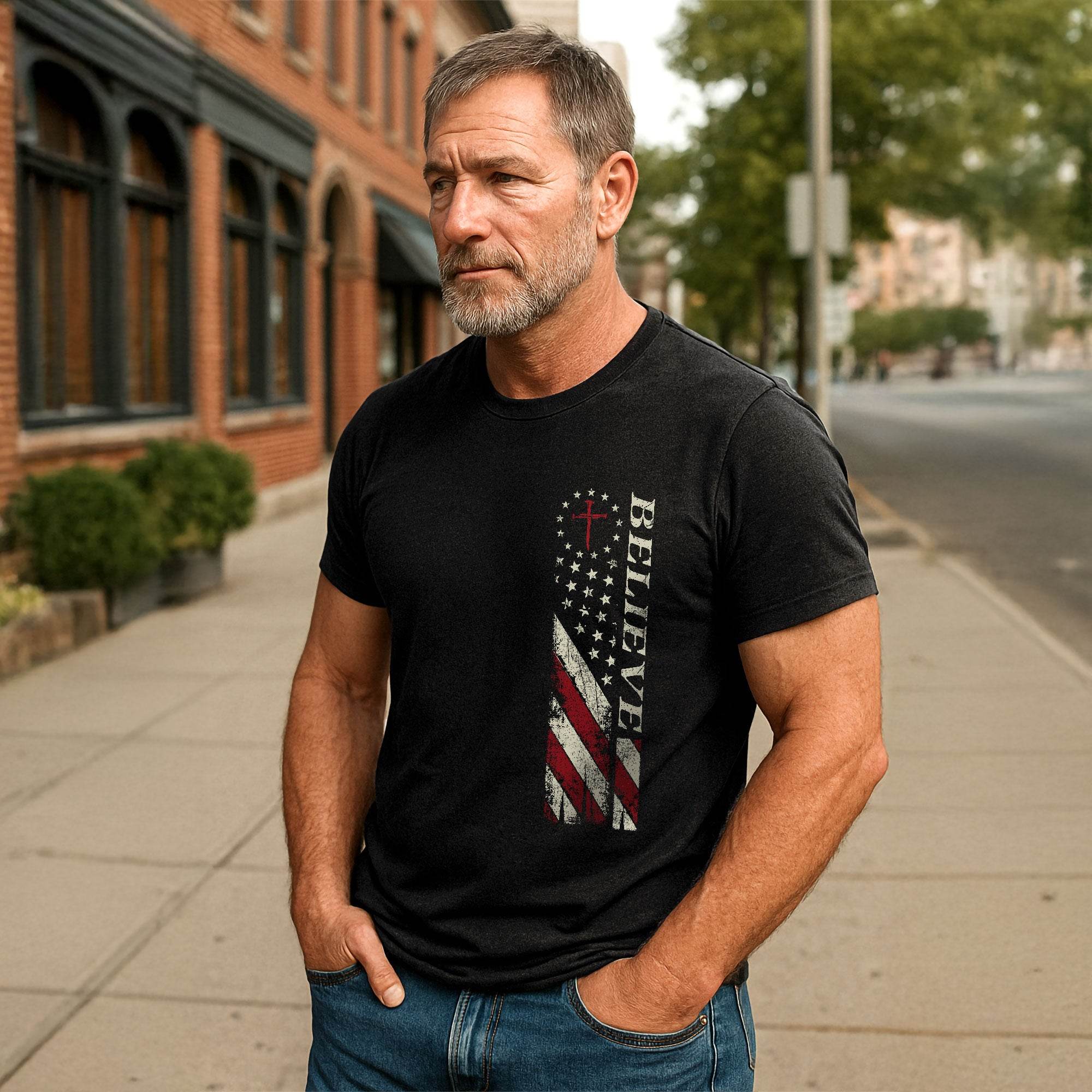 Believe American Flag Cross T-Shirt - Rust Field Wear