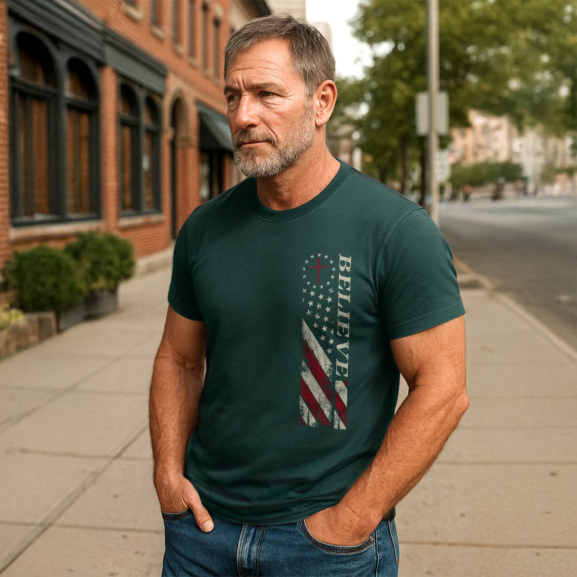 Believe American Flag Cross T-Shirt - Rust Field Wear