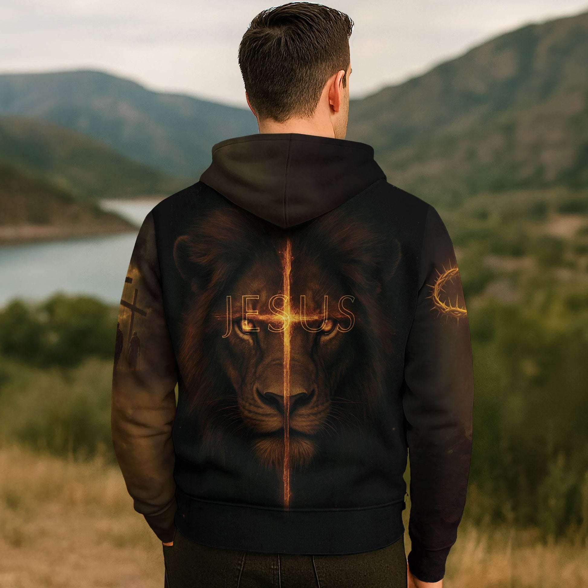 Faith Over Fear Lion & Jesus Crown of Thorns Christian Hoodie - Rust Field Wear