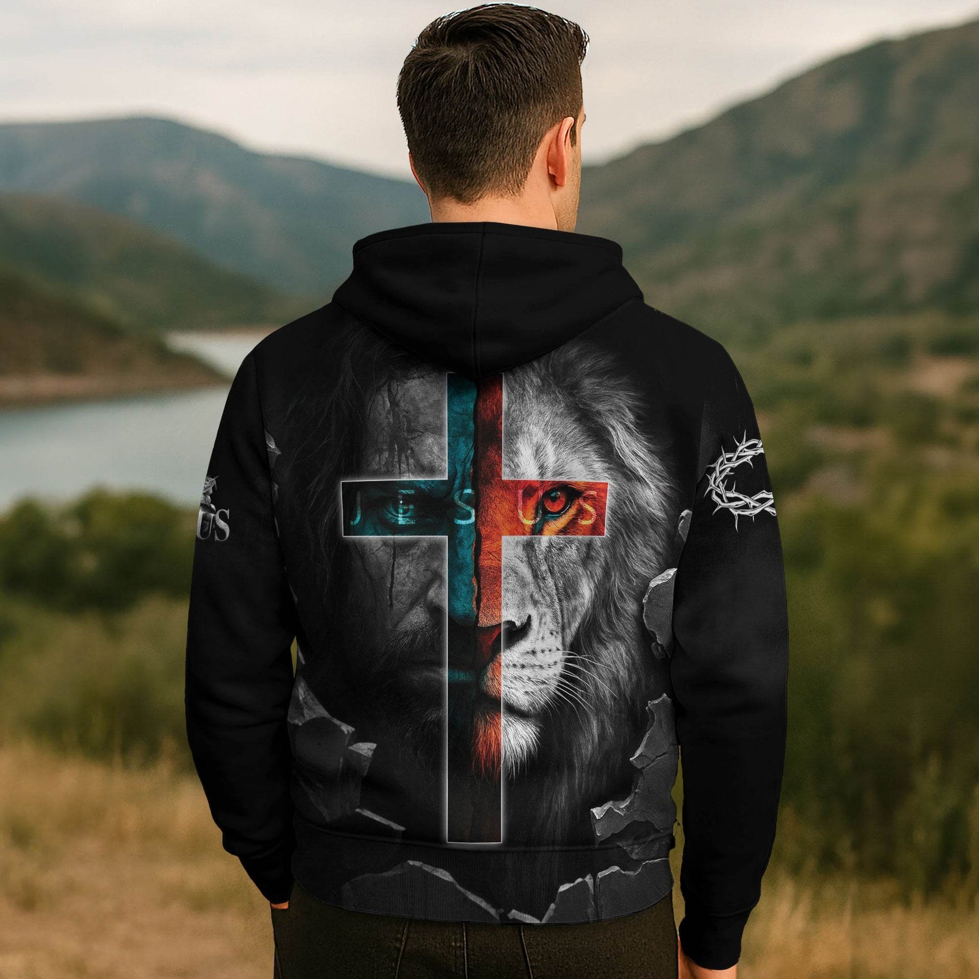 Faith Over Fear Jesus & Lion Cross Lightning Hoodie - Rust Field Wear