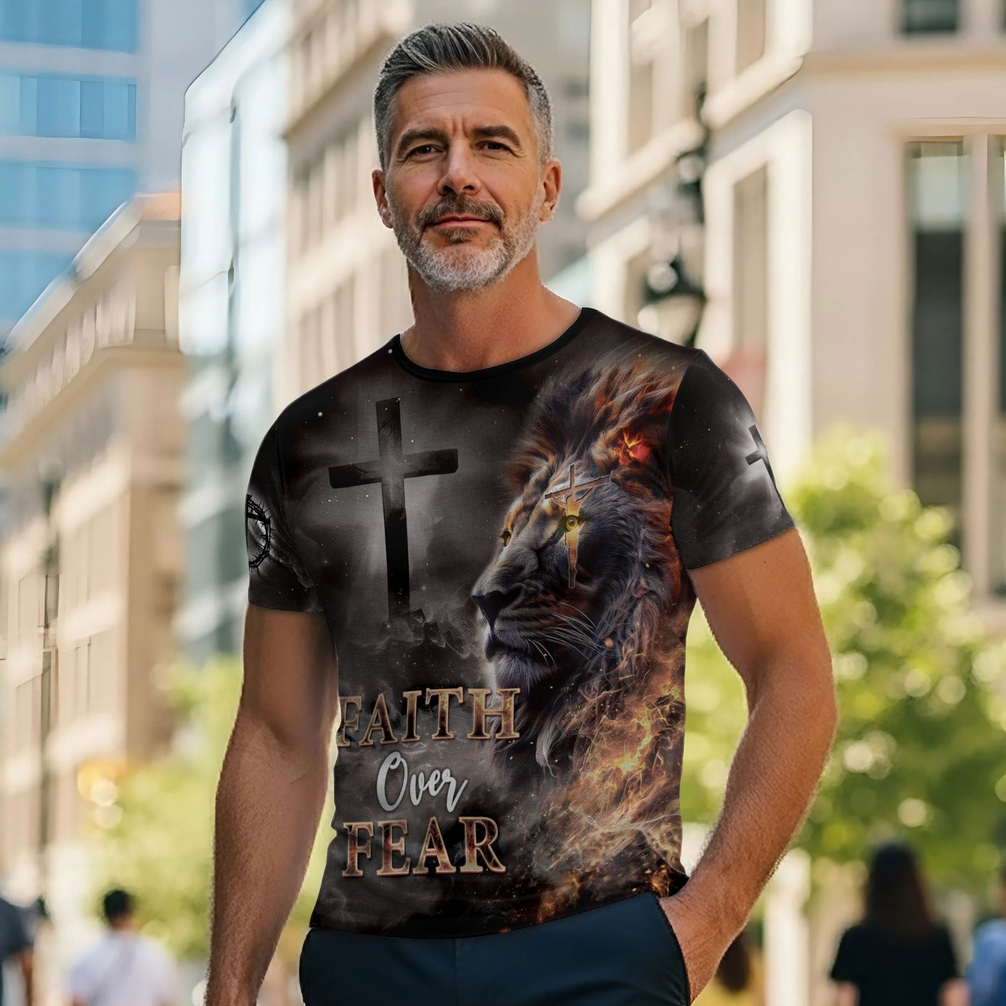 Faith Over Fear T-Shirt – Lion and Cross Full Print Design