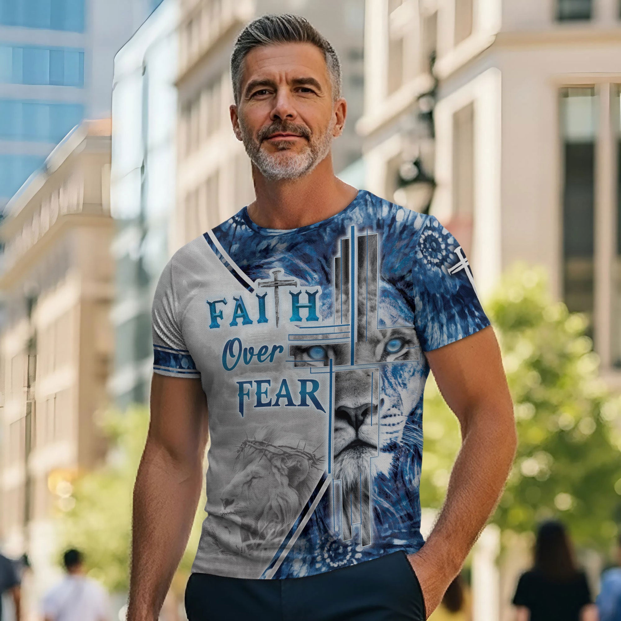 Faith Over Fear & Jesus Lion Cross T-Shirt – Christian Courage in Blue