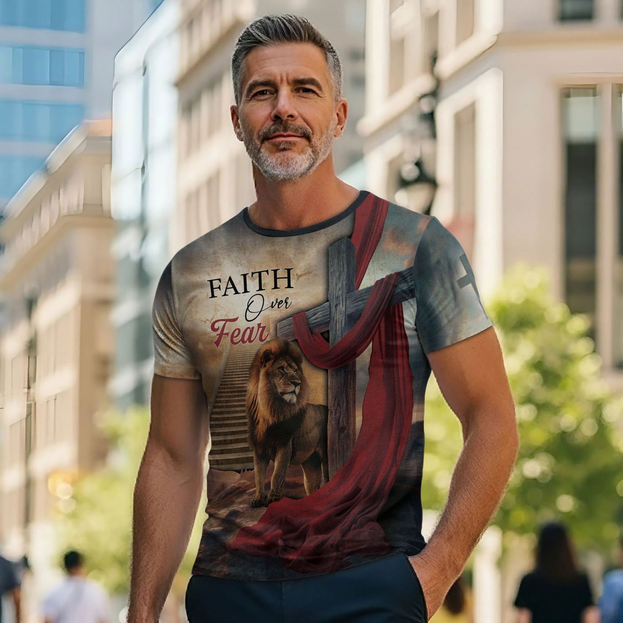 Faith Over Fear with Cross and Lion Draped in Red Robe – Christian T-Shirt