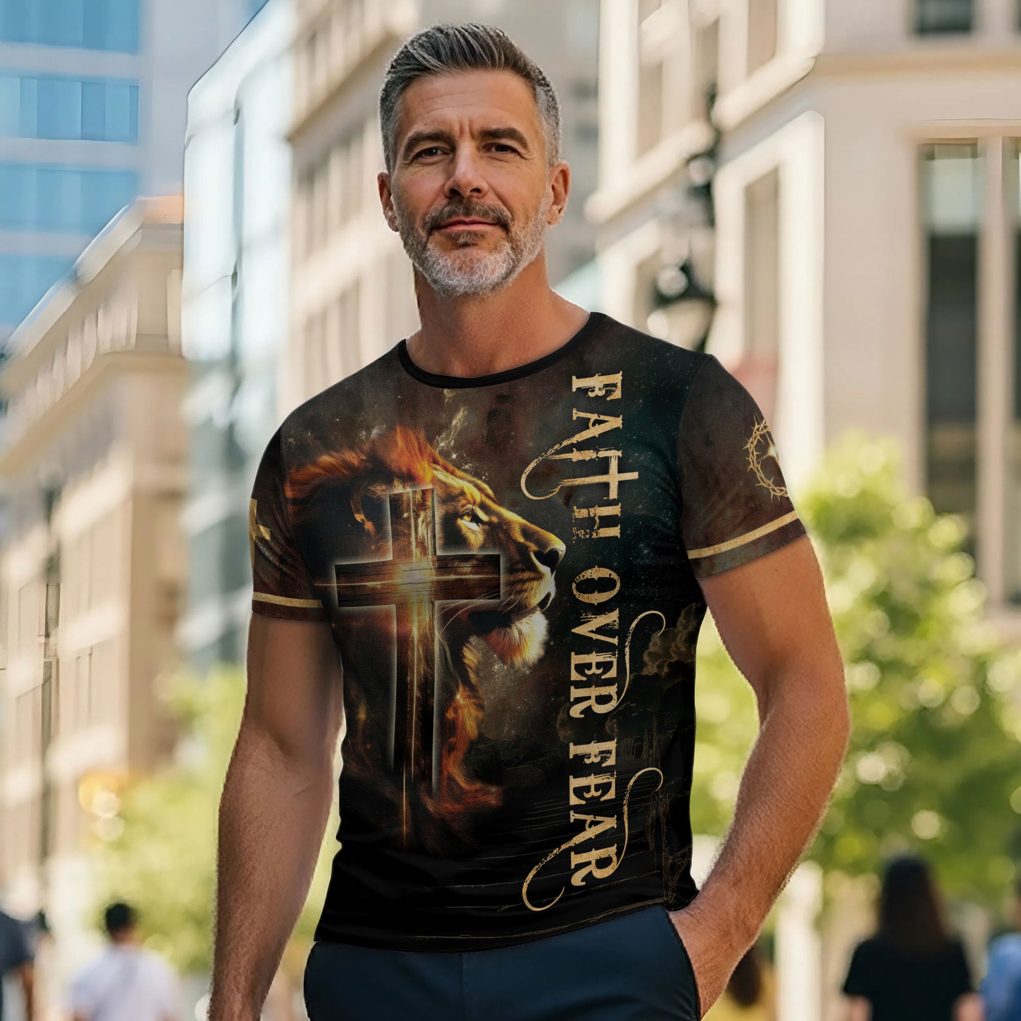 Faith Over Fear with Fiery Lion & Glowing Cross – Christian T-Shirt