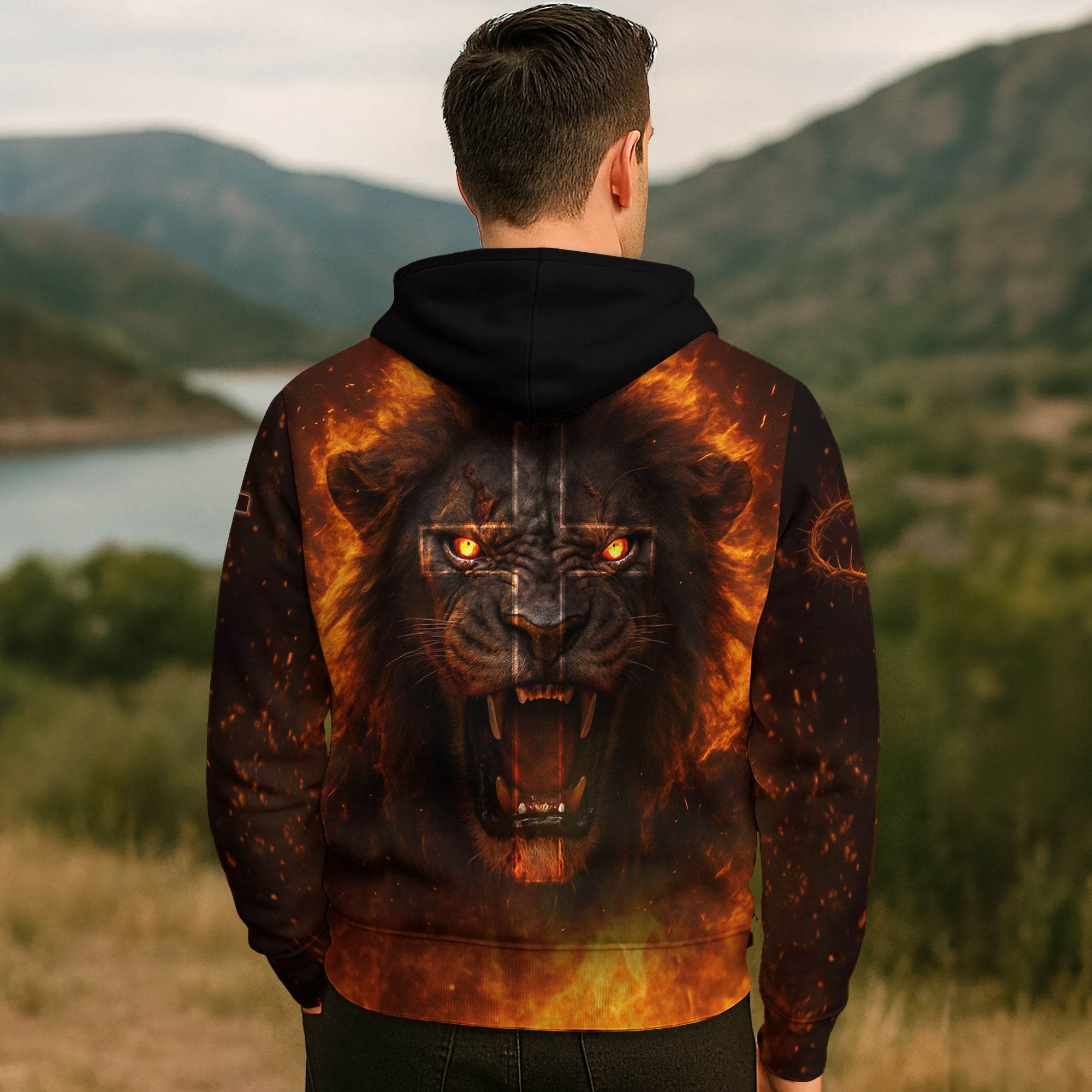 Faith Over Fear Cross & Lion of Judah Flame Design Hoodie - Rust Field Wear