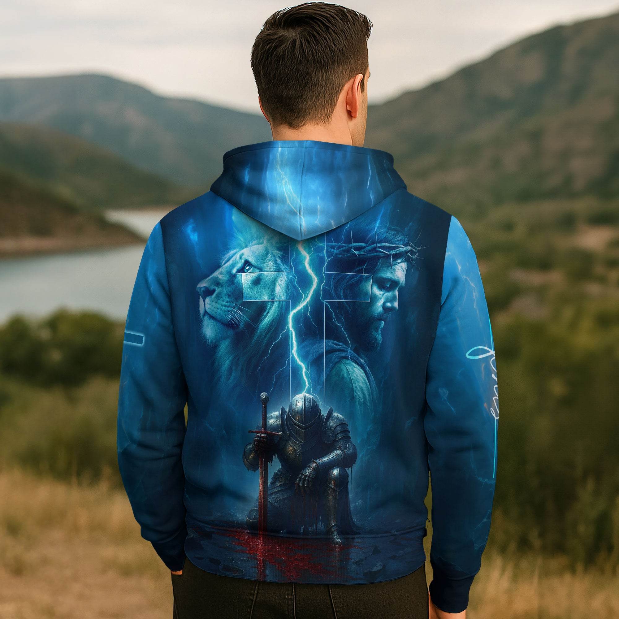 Faith Over Fear Lion & Cross Lightning Blue Hoodie - Rust Field Wear