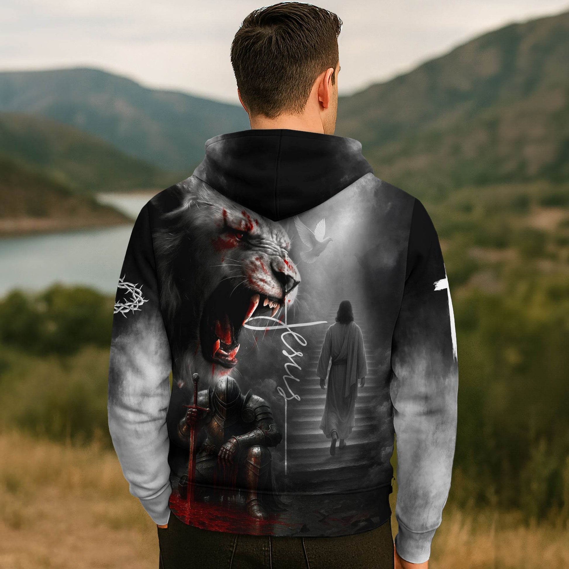 Faith Over Fear Jesus Crown of Thorns & Cross Lion Hoodie - Rust Field Wear