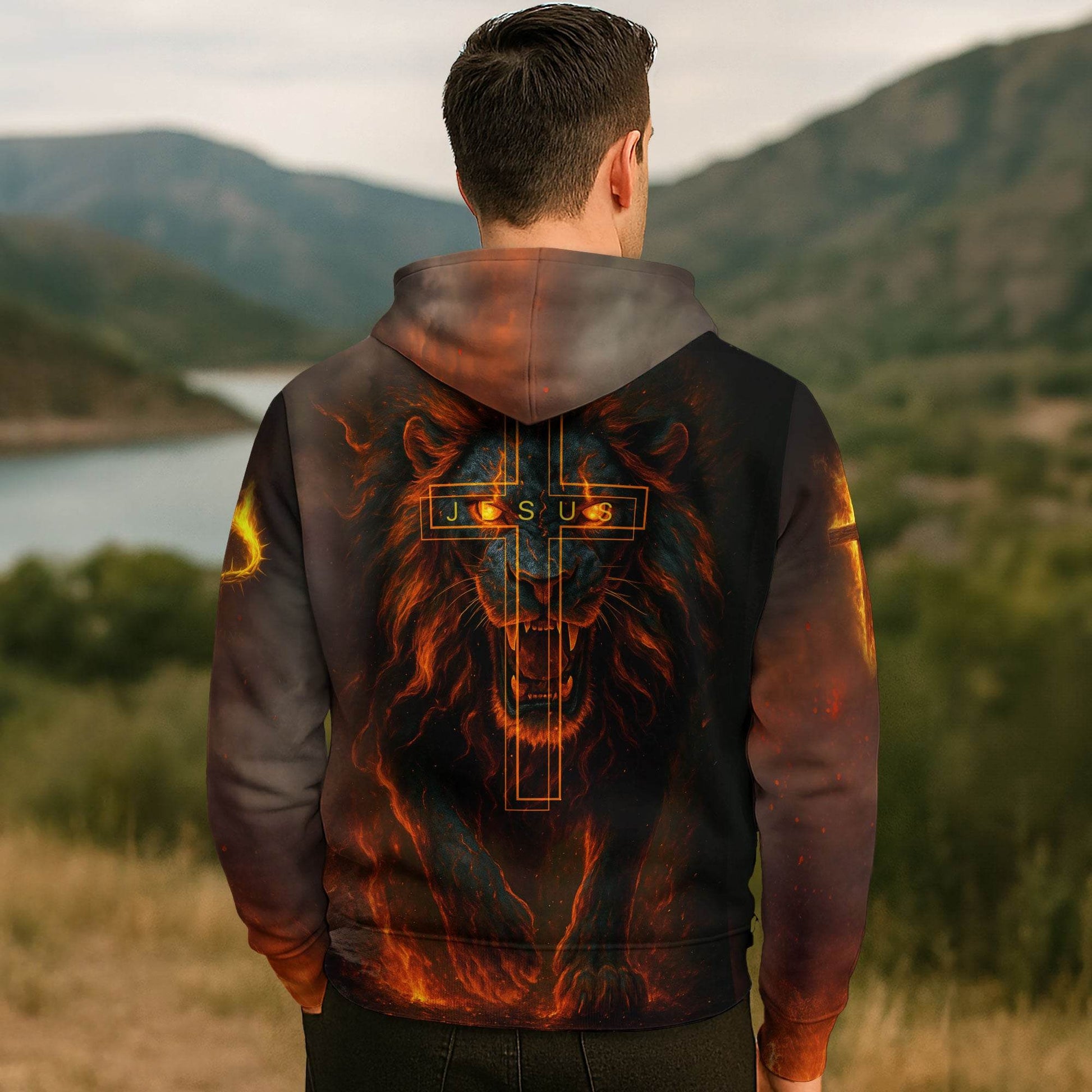 Faith Over Fear Fiery Lion & Cross Christian Hoodie - Rust Field Wear