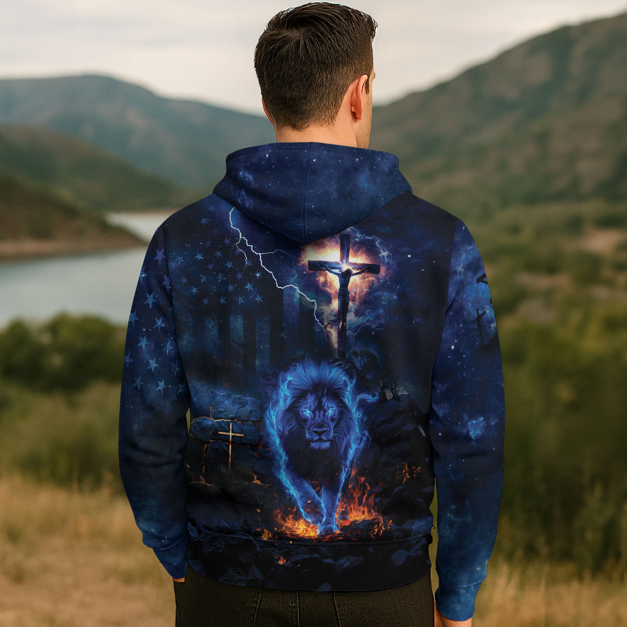 Philippians 4:13 Blue Lion of Judah Cross Christian Hoodie