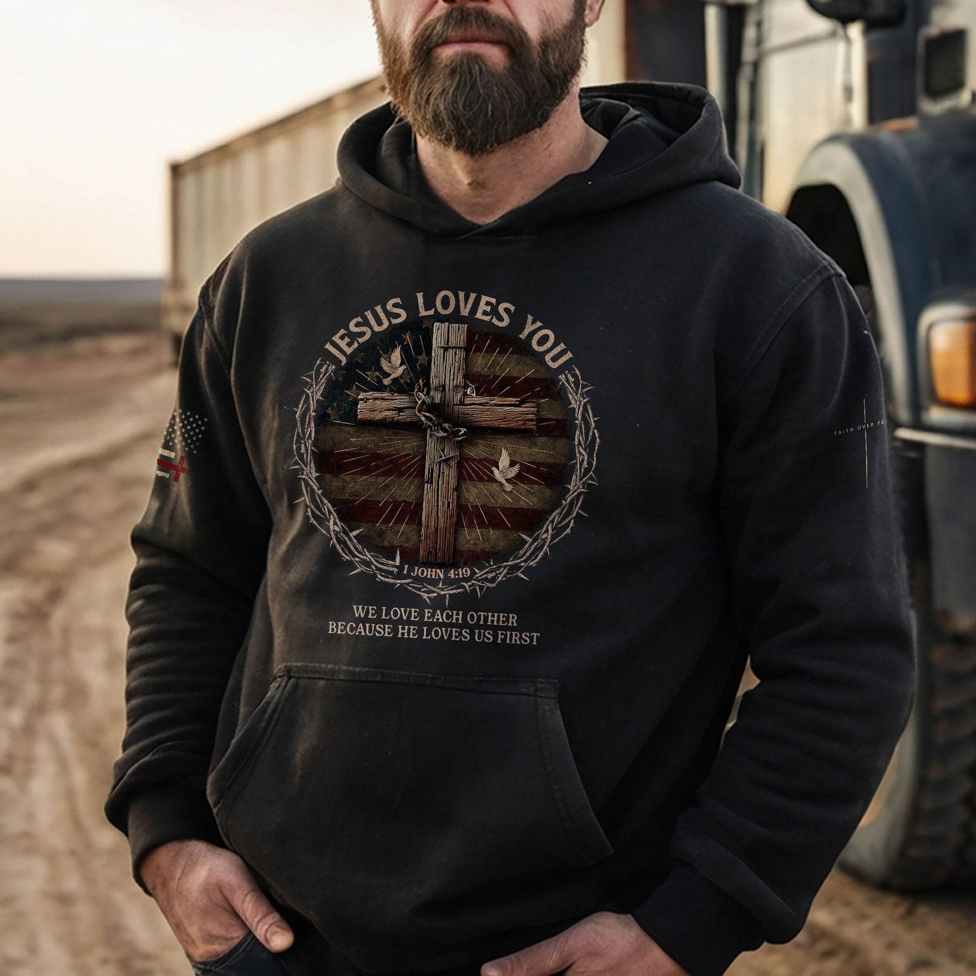 Jesus Loves You 1 John 4:19 Christian Patriotic Hoodie - Rust Field Wear