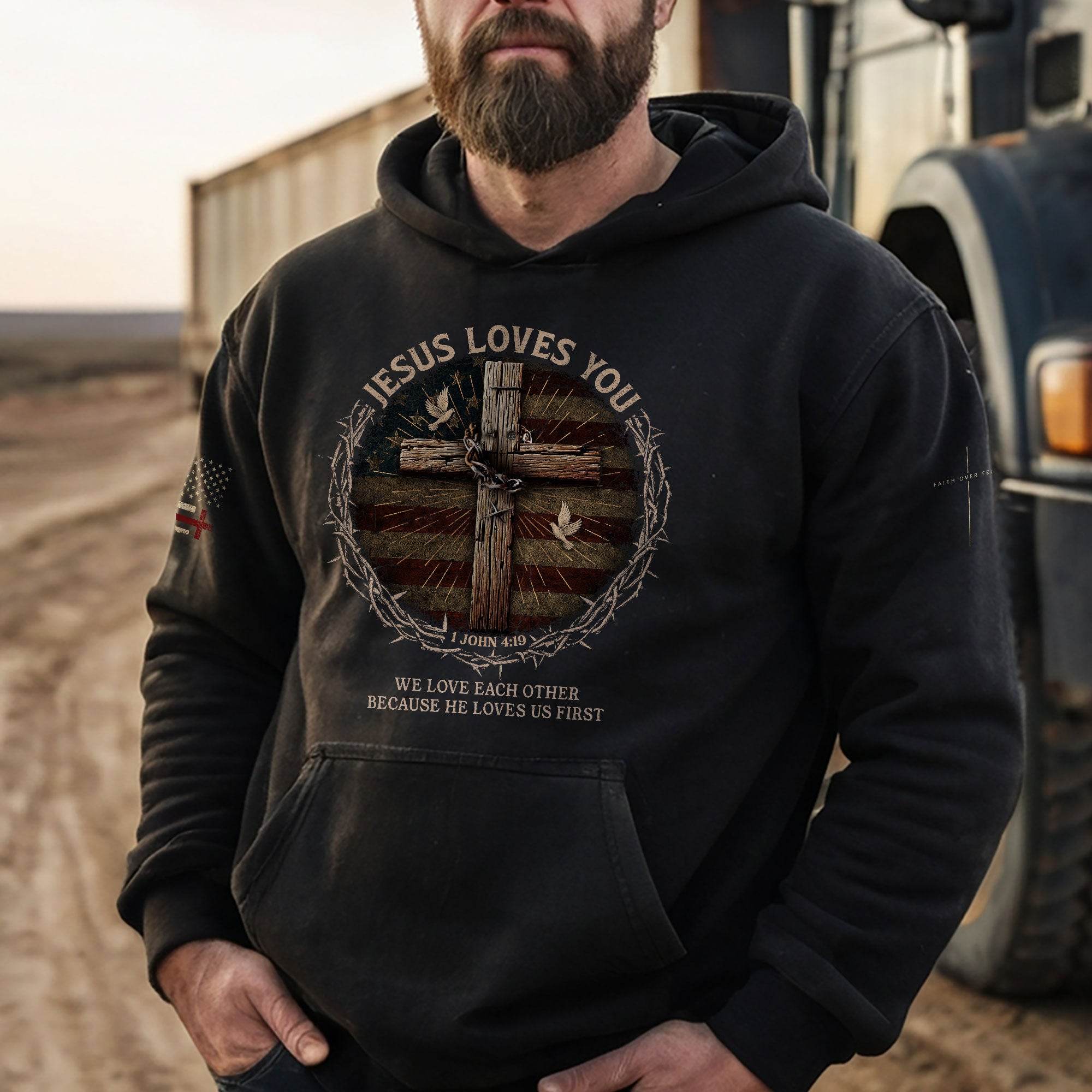 Jesus Loves You 1 John 4:19 Christian Patriotic Hoodie - Rust Field Wear