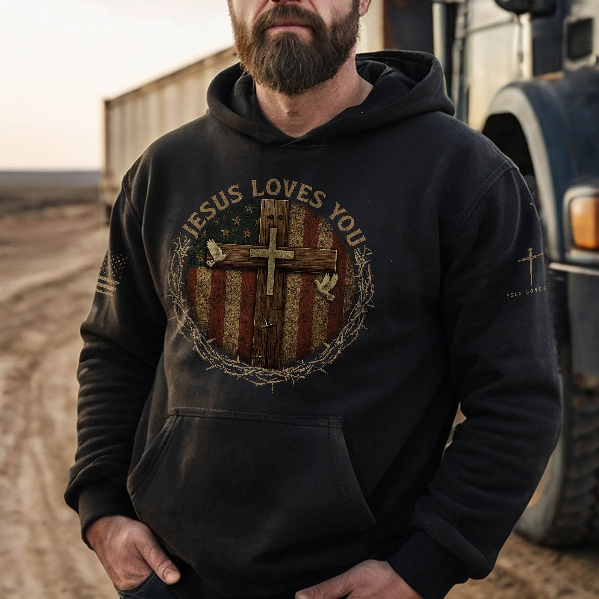 From Sacrifice To Glory "Jesus Loves You" Cross And Flag Hoodie
