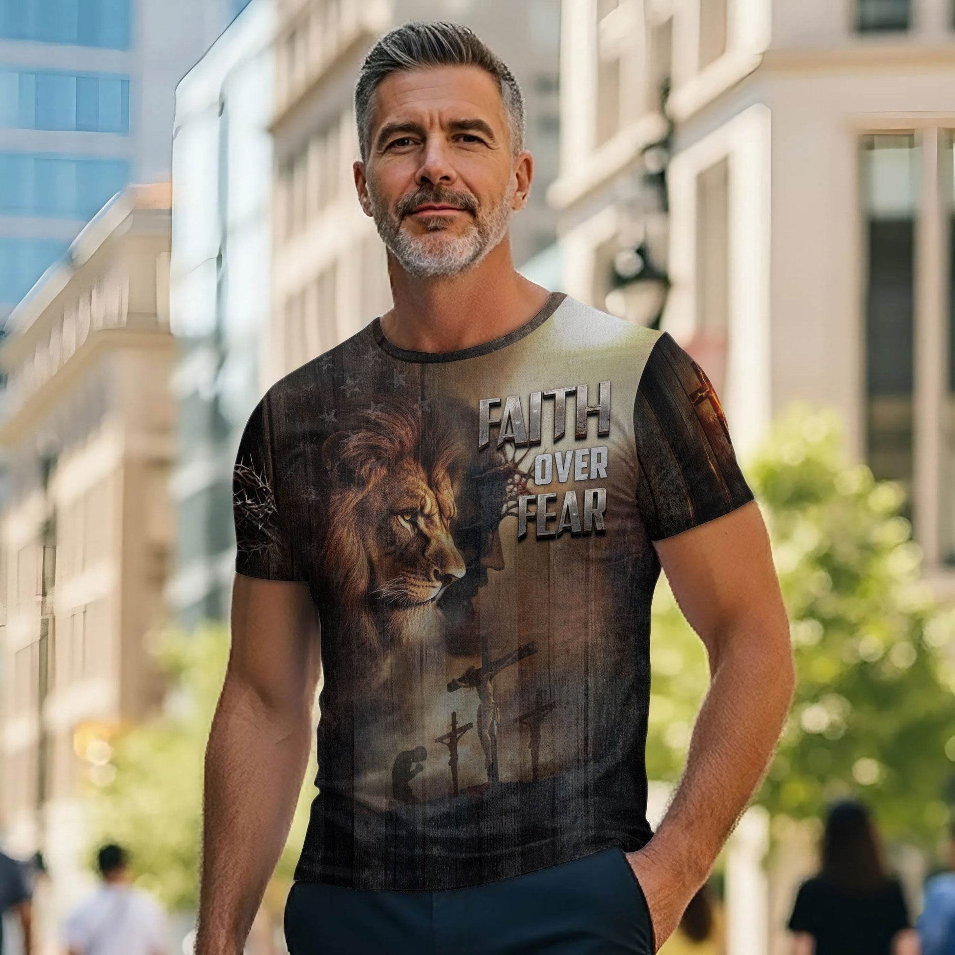 Faith Over Fear Lion & Cross Patriotic T-Shirt - Rust Field Wear
