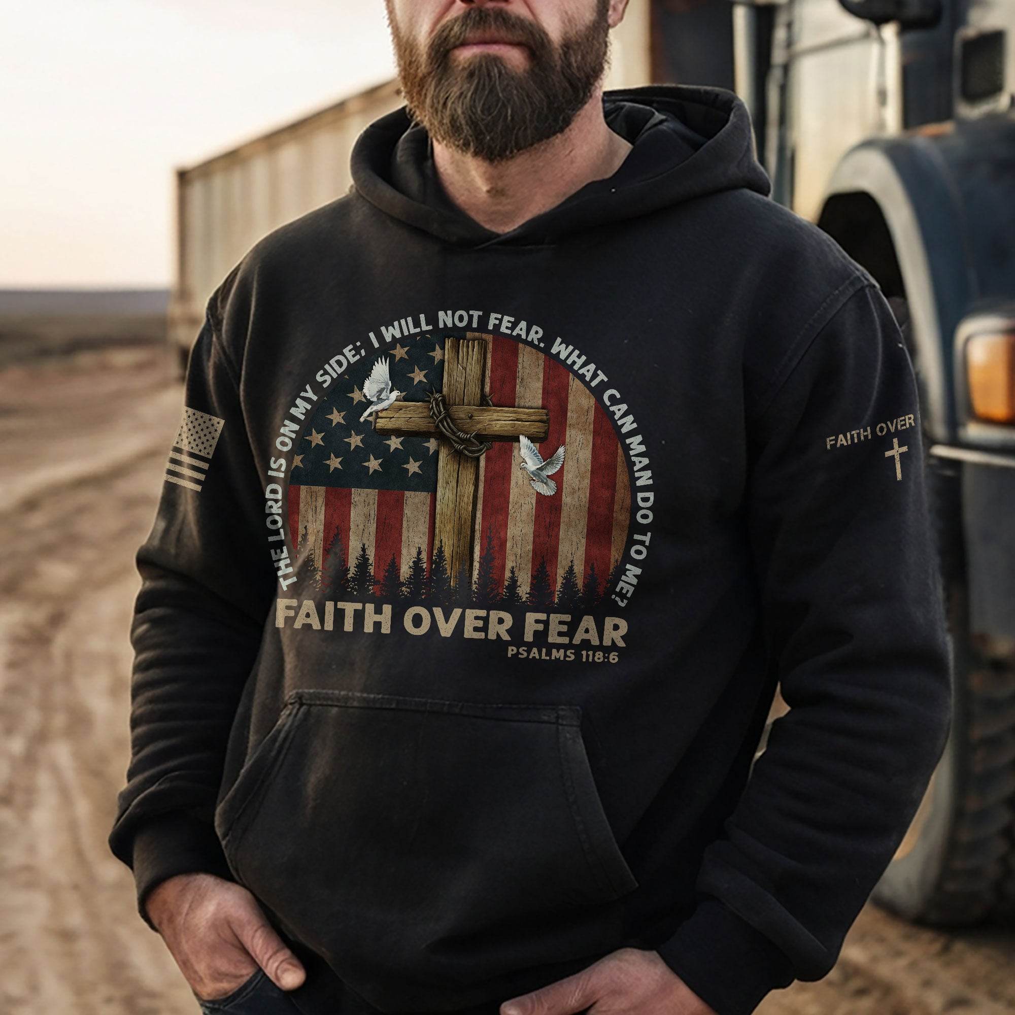 Faith Over Fear Hoodie – Psalms 118:6 Cross, Doves & Flag - Rust Field Wear