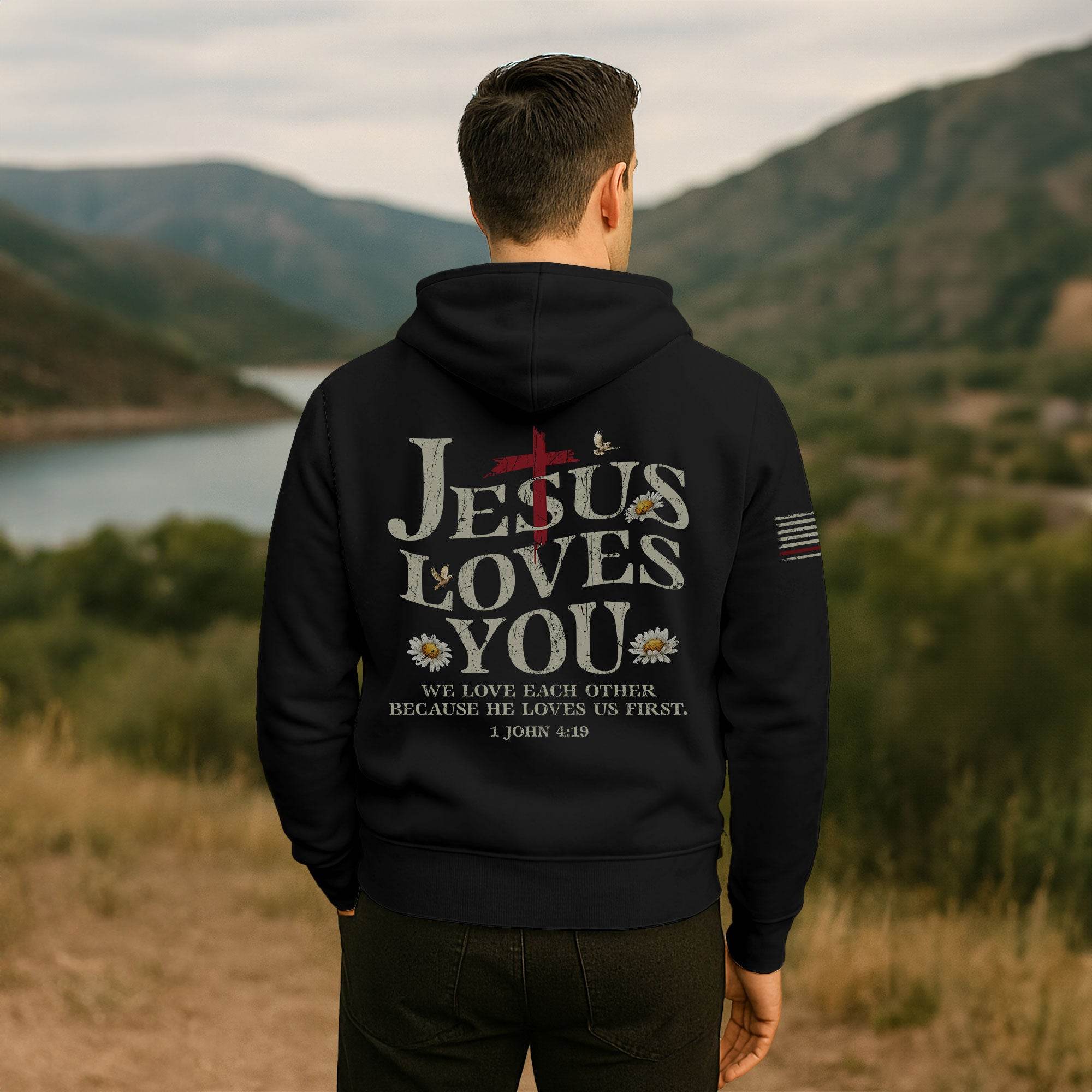 Jesus Loves You Hoodie – 1 John 4:19 Cross, Flag & Daisy Design - Rust Field Wear