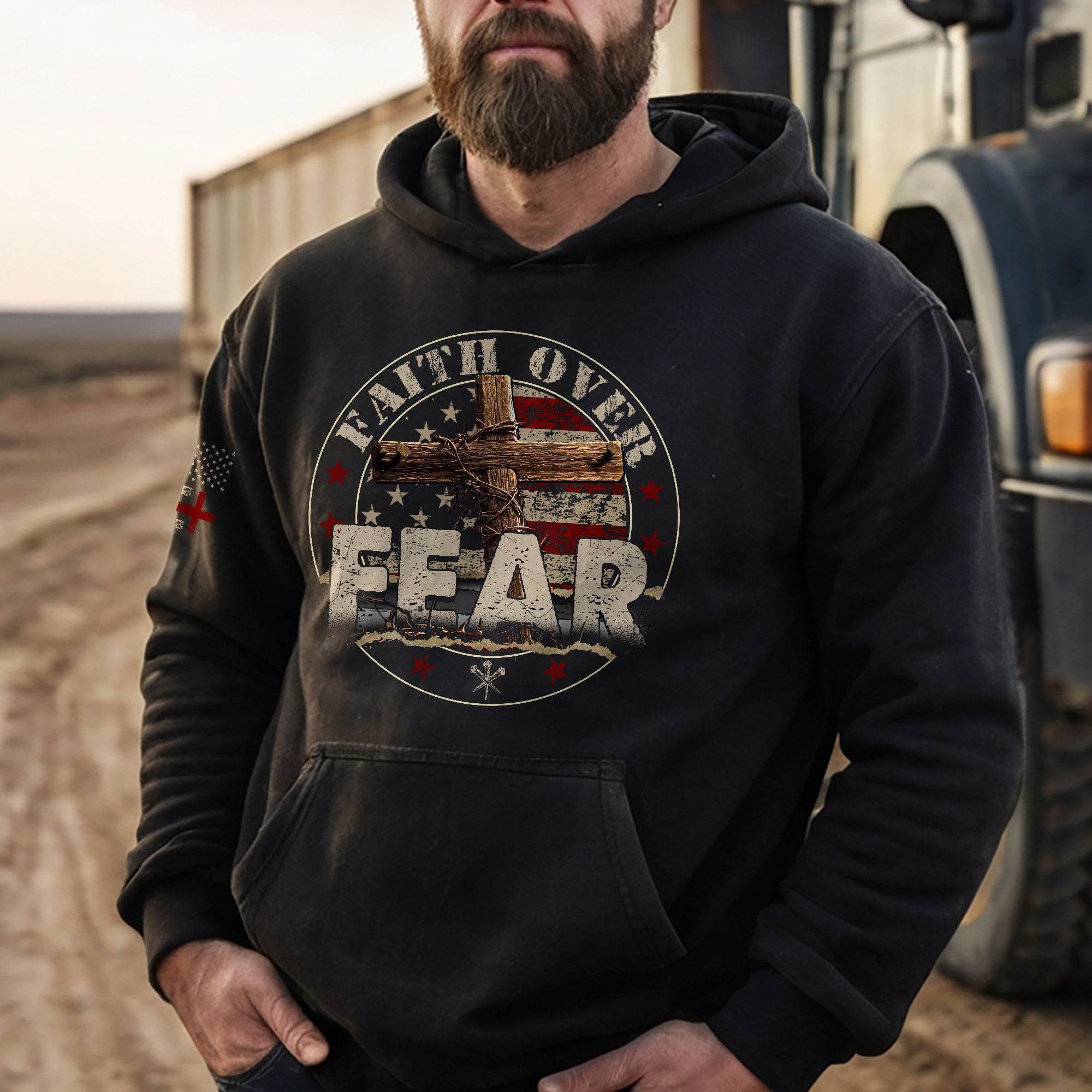 Faith Over Fear Christian Hoodie – Bold Cross & Flag Design - Rust Field Wear