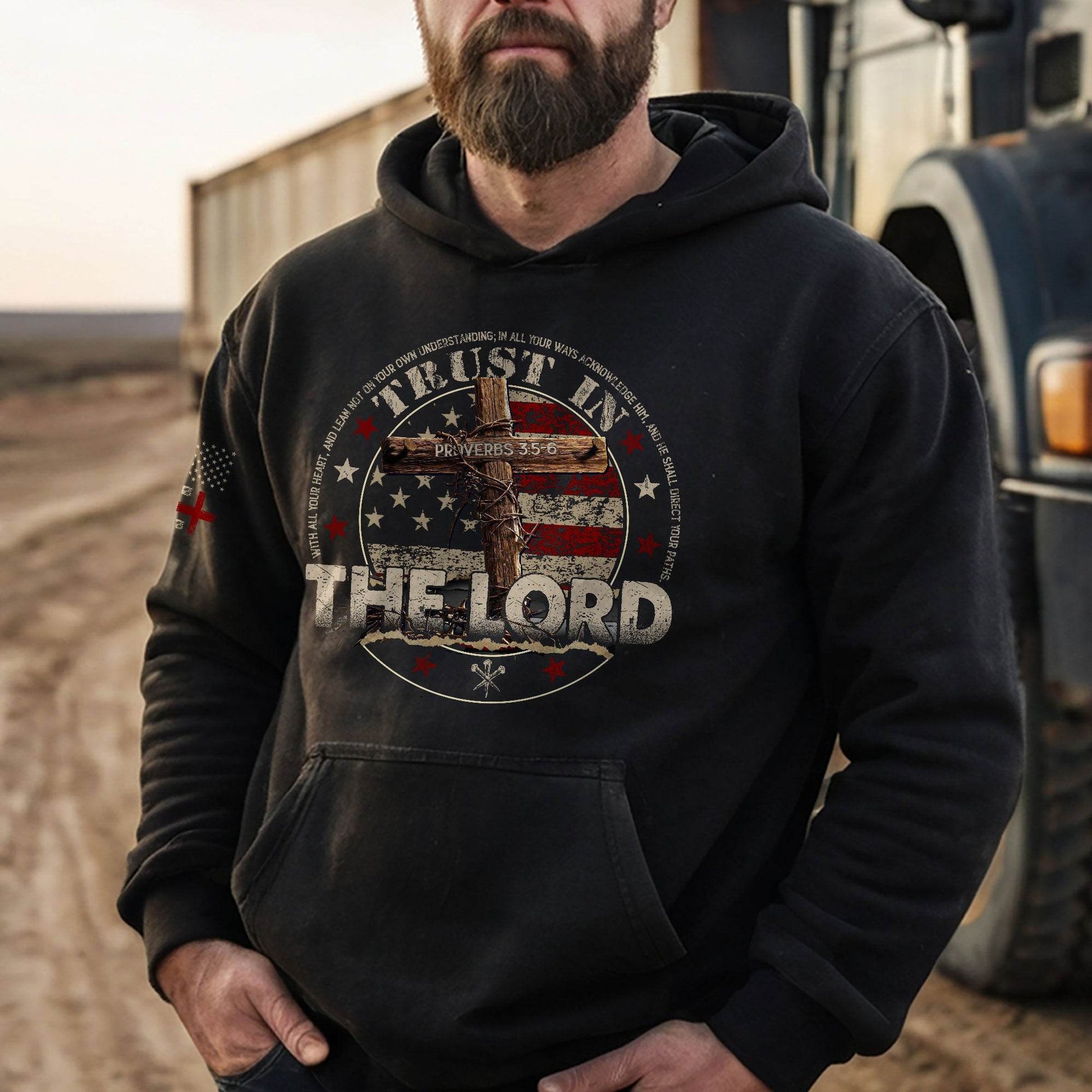 Trust in the Lord Hoodie – Proverbs 3:5-6 Cross & American Flag - Rust Field Wear