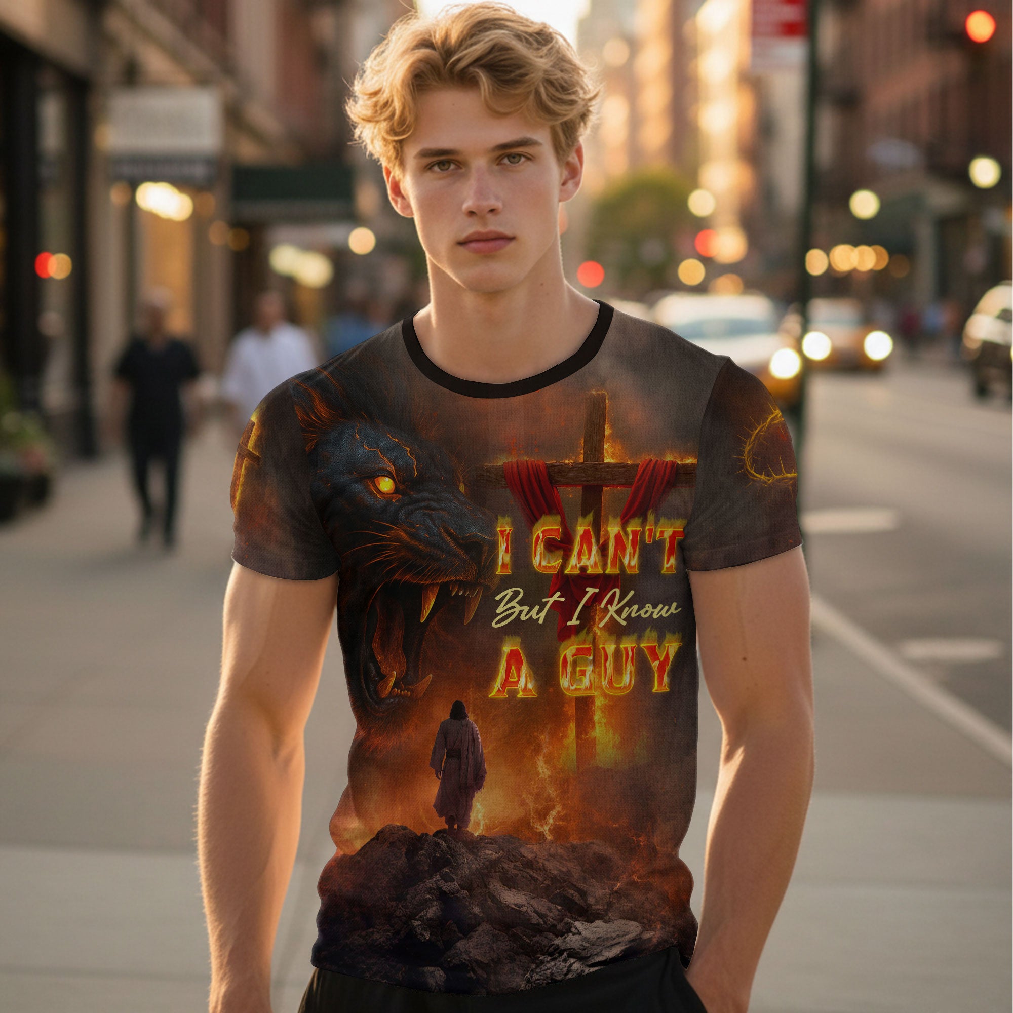 I Can’t But I Know A Guy Fiery Cross Lion of Judah Christian Faith T-Shirt