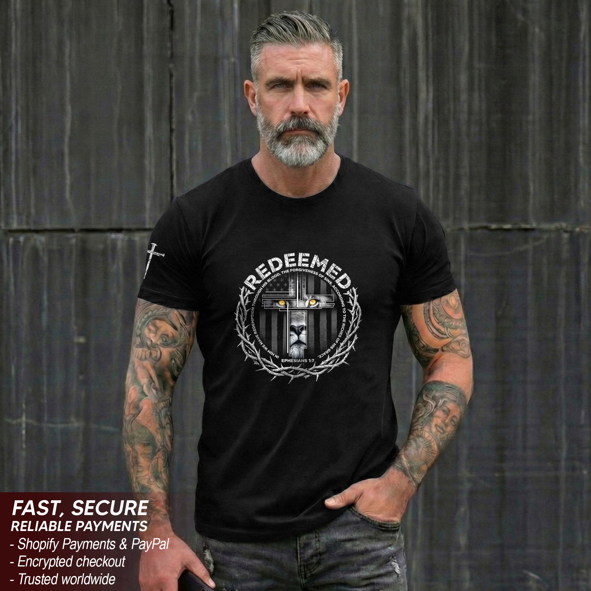 Redeemed Ephesians 1:7 Lion Cross Christian T-Shirt