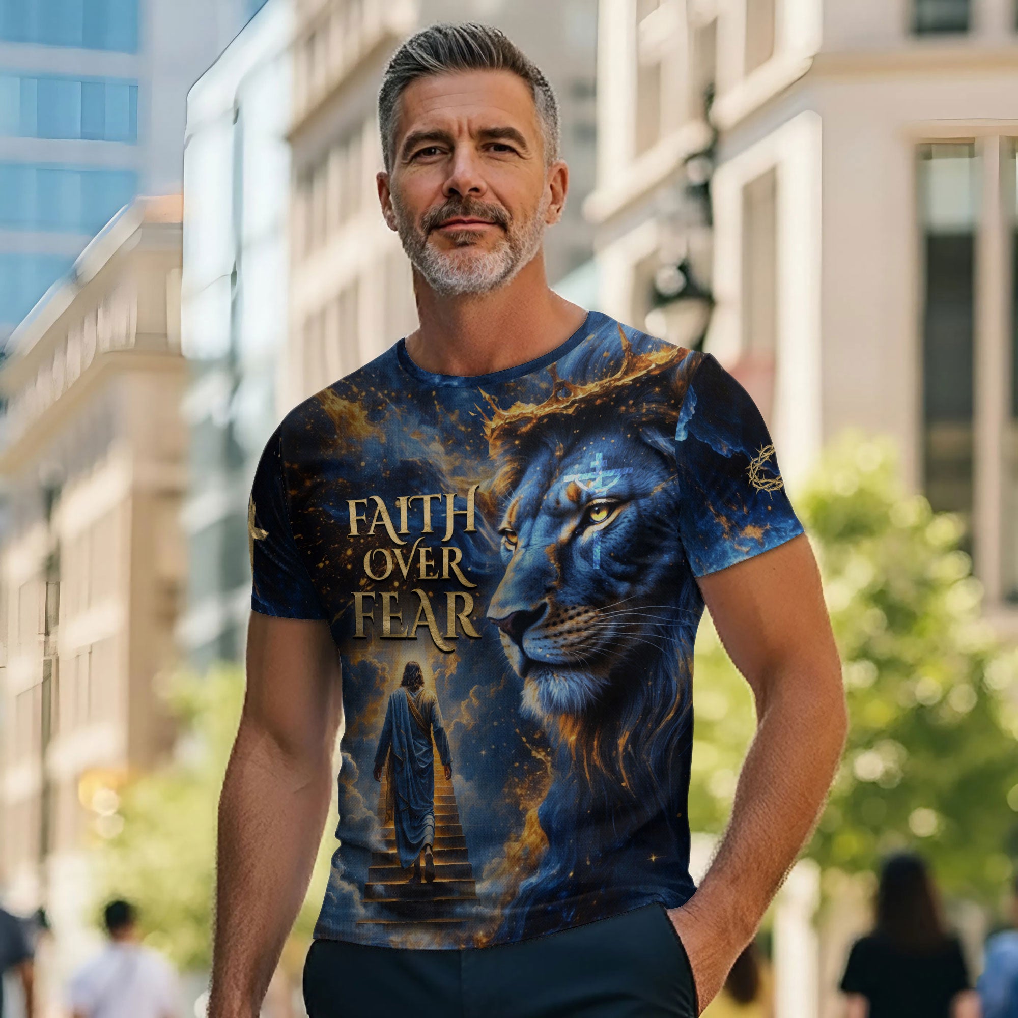 Faith Over Fear Blue Lion & Jesus Ascending Stairs Christian T-Shirt