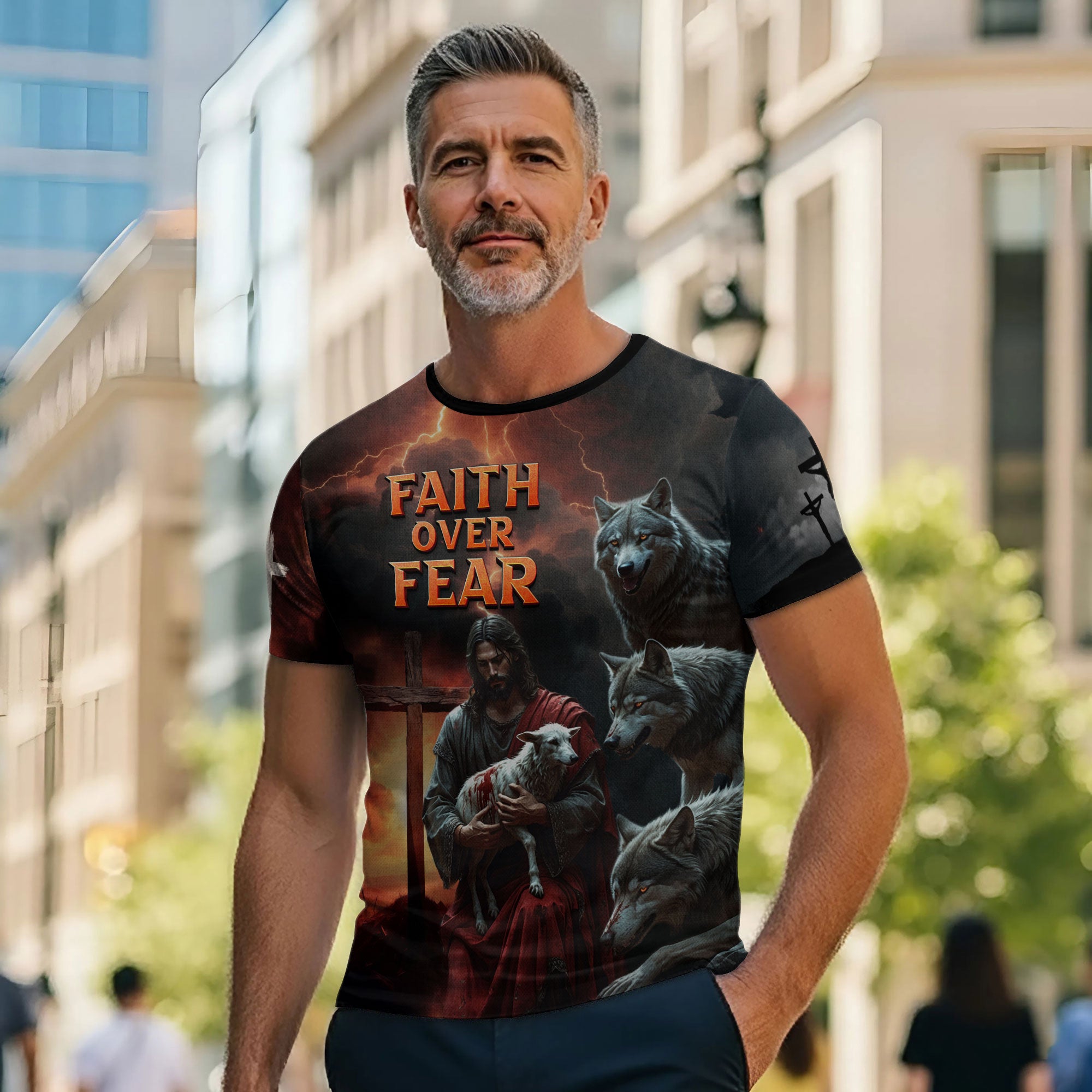 Faith Over Fear Jesus Protecting the Lamb Among Wolves Christian T-Shirt