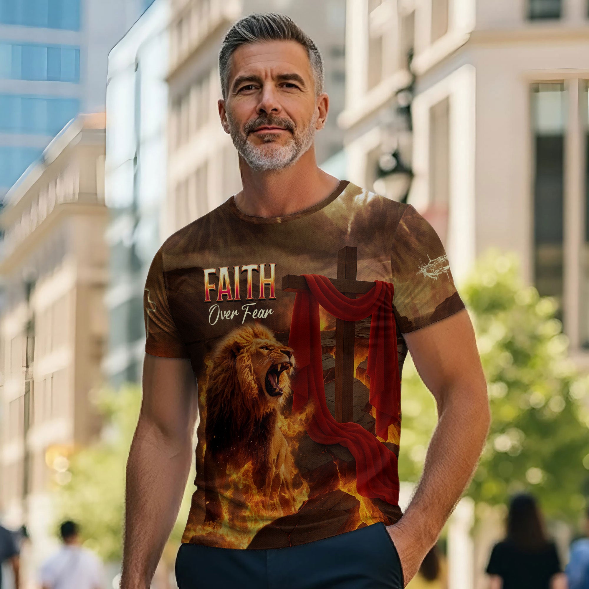 Faith Over Fear Lion & Cross in Flames Christian T-Shirt
