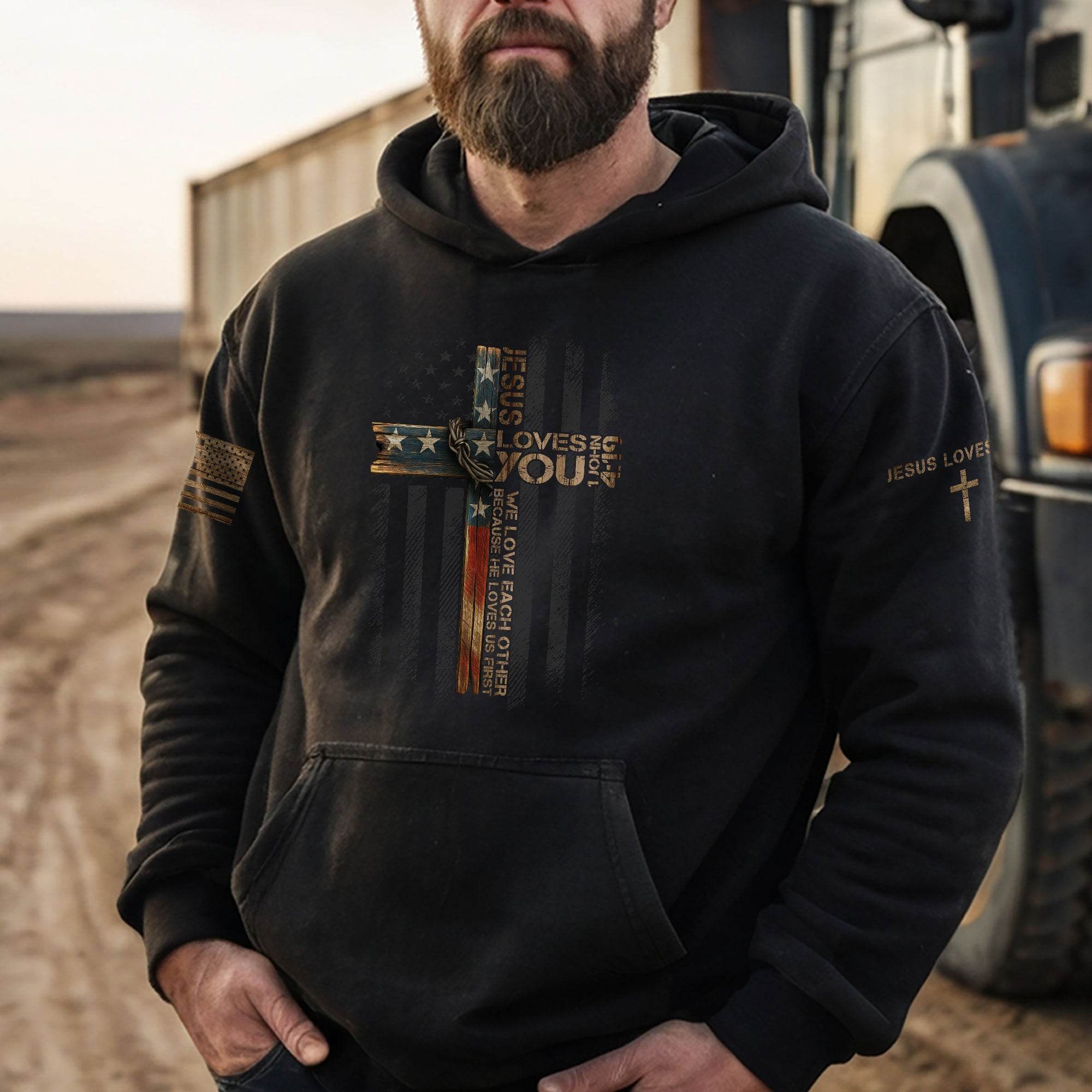 Jesus Loves You Christian Hoodie – Rustic American Flag Cross Print - Rust Field Wear