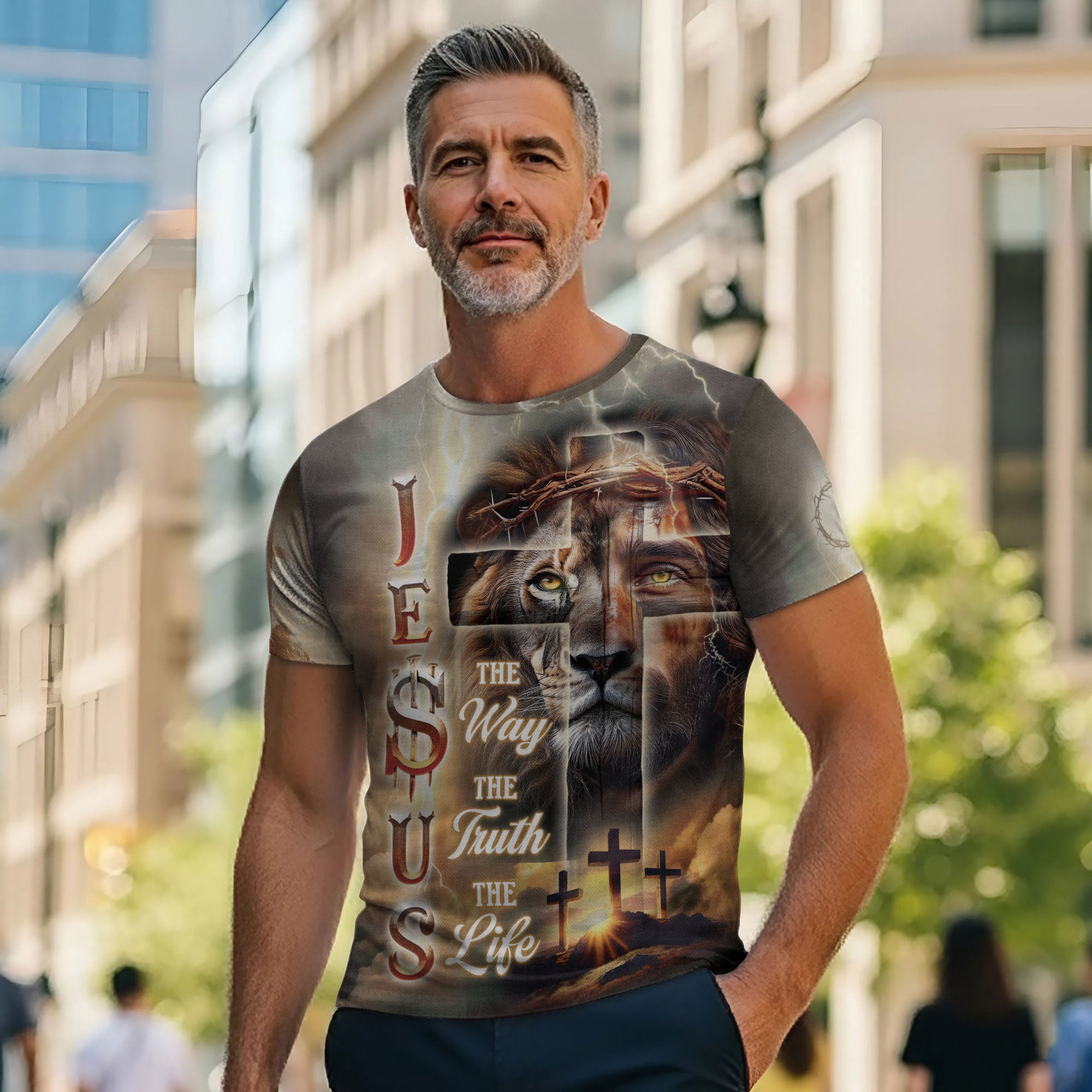 Jesus The Way The Truth The Life Lion & Cross Lightning Christian T-Shirt