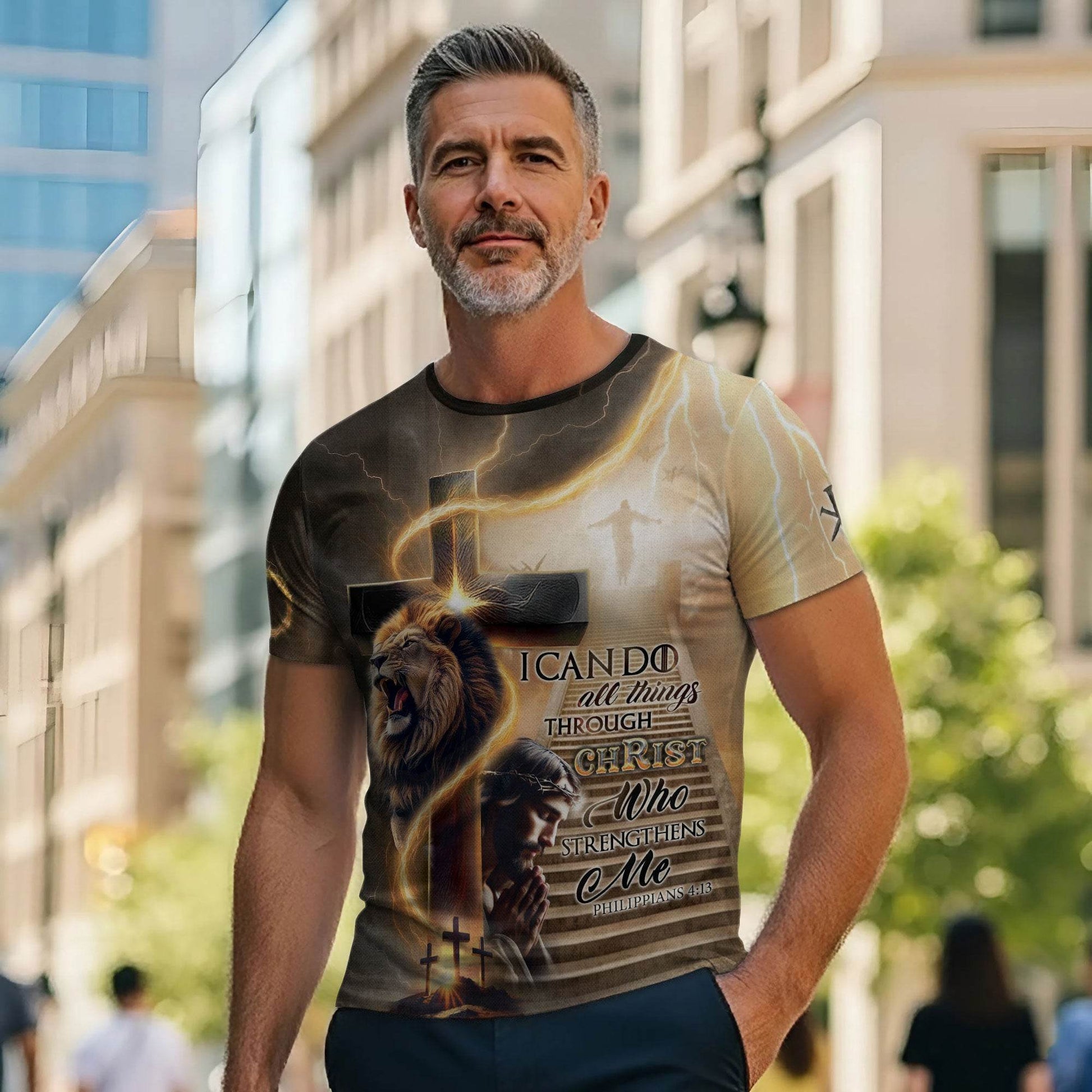 I Can Do All Things Through Christ Lion Cross Lightning T-Shirt - Rust Field Wear