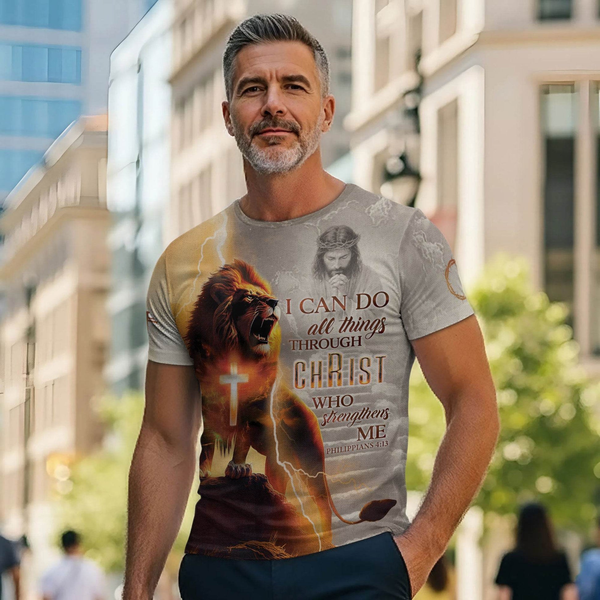 I Can Do All Things Through Christ Lightning Cross & Lion T-Shirt - Rust Field Wear