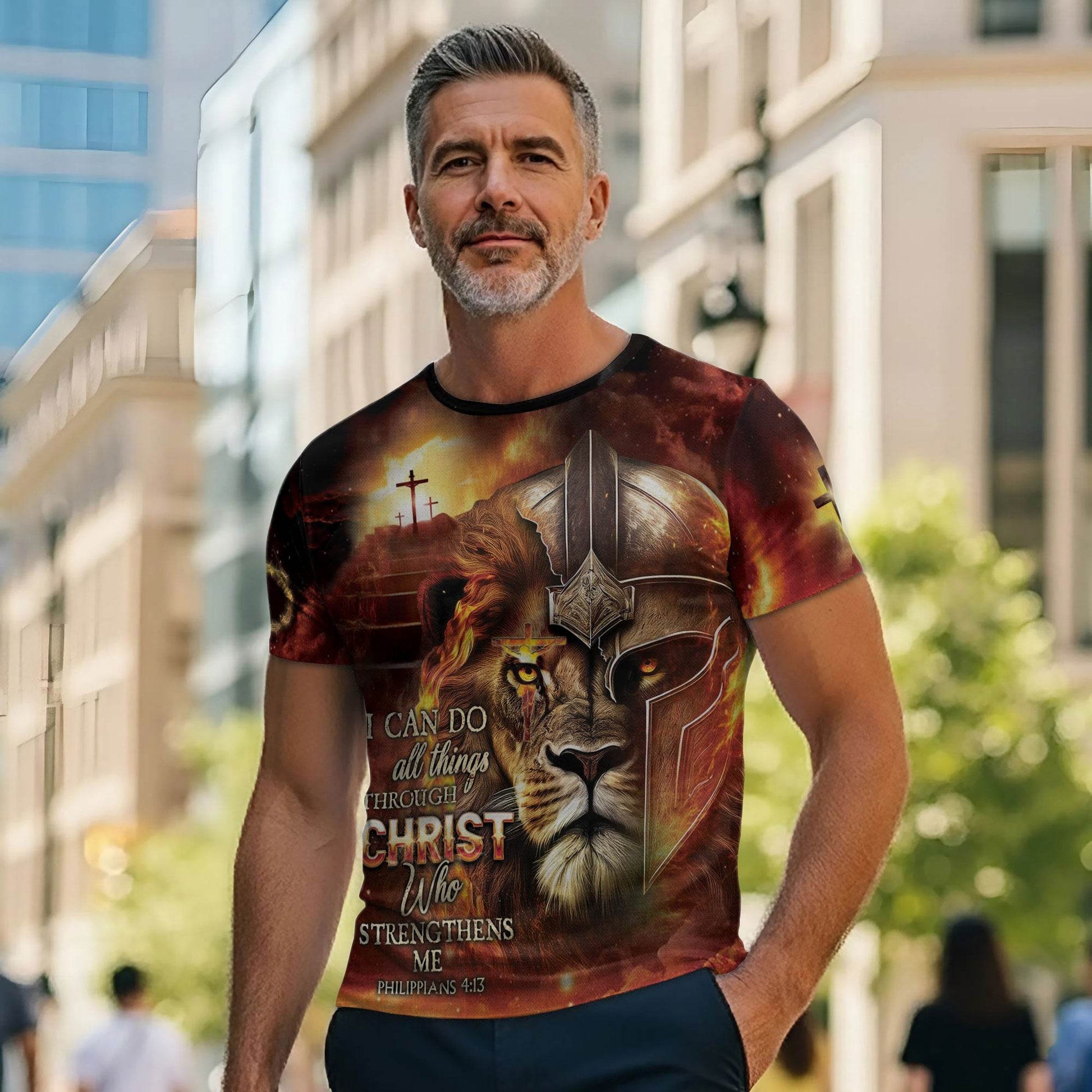 I Can Do All Things Through Christ Lion Warrior Cross T-Shirt - Rust Field Wear