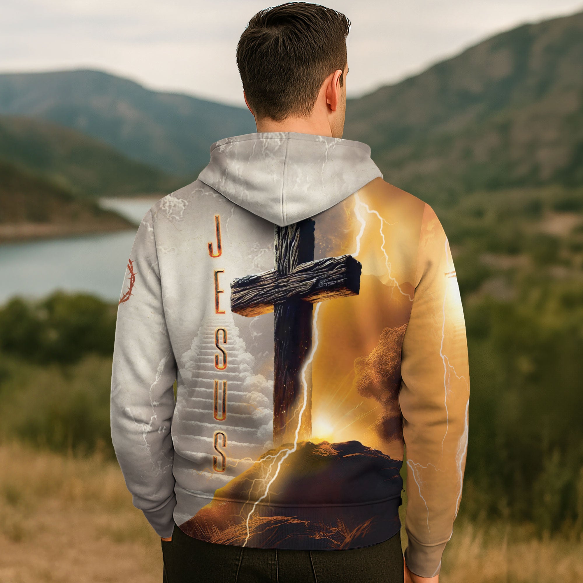 Faith Over Fear Lion and Cross Lightning Christian Hoodie