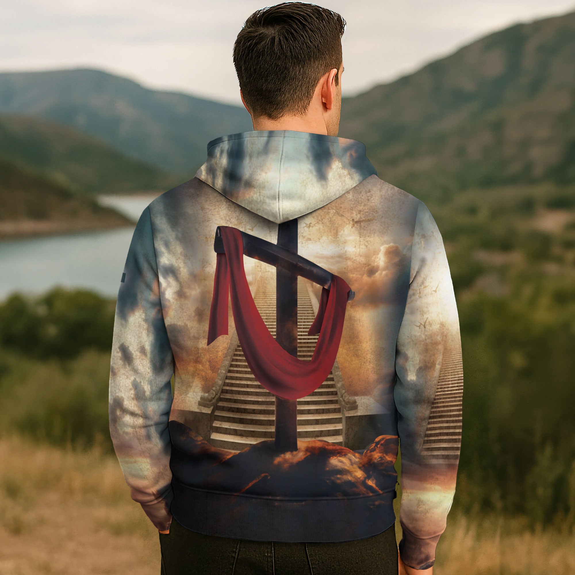 Faith Over Fear Lion and Cross with Red Cloth Christian Hoodie
