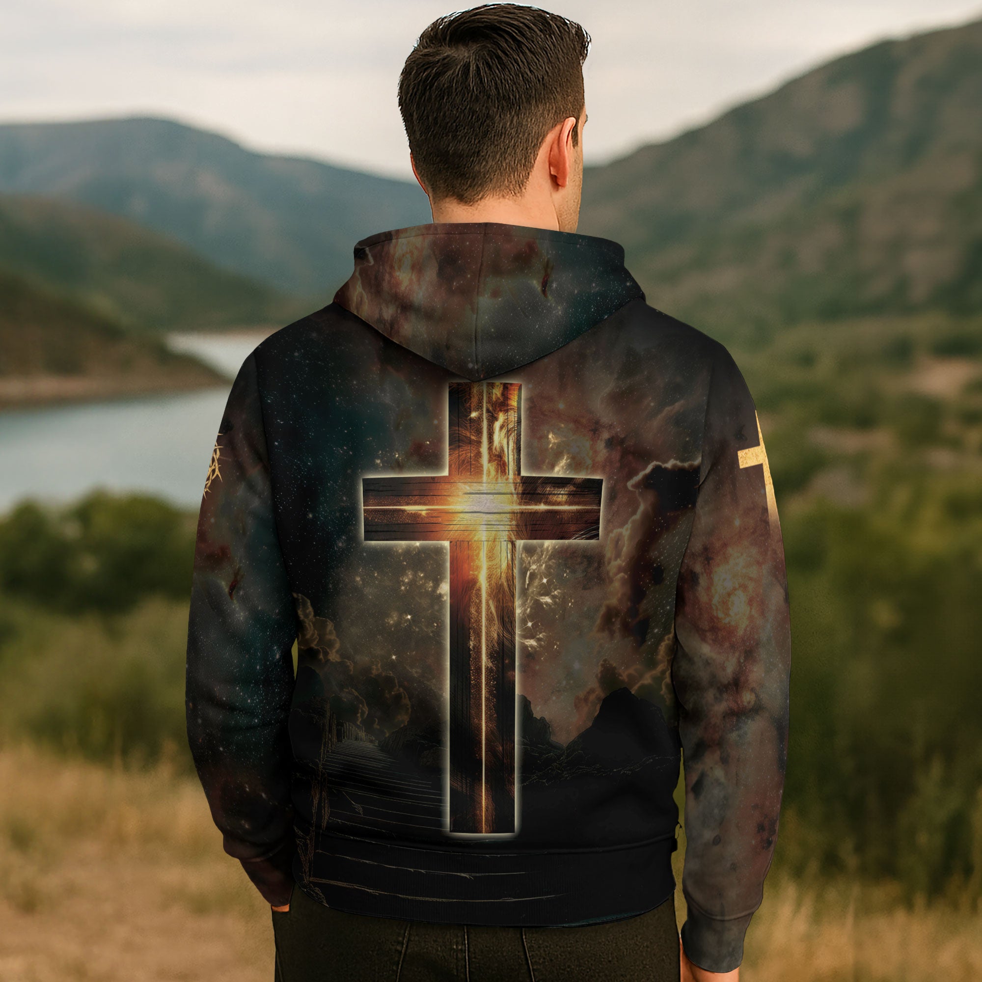 Faith Over Fear Lion & Cross Galaxy Glow Hoodie