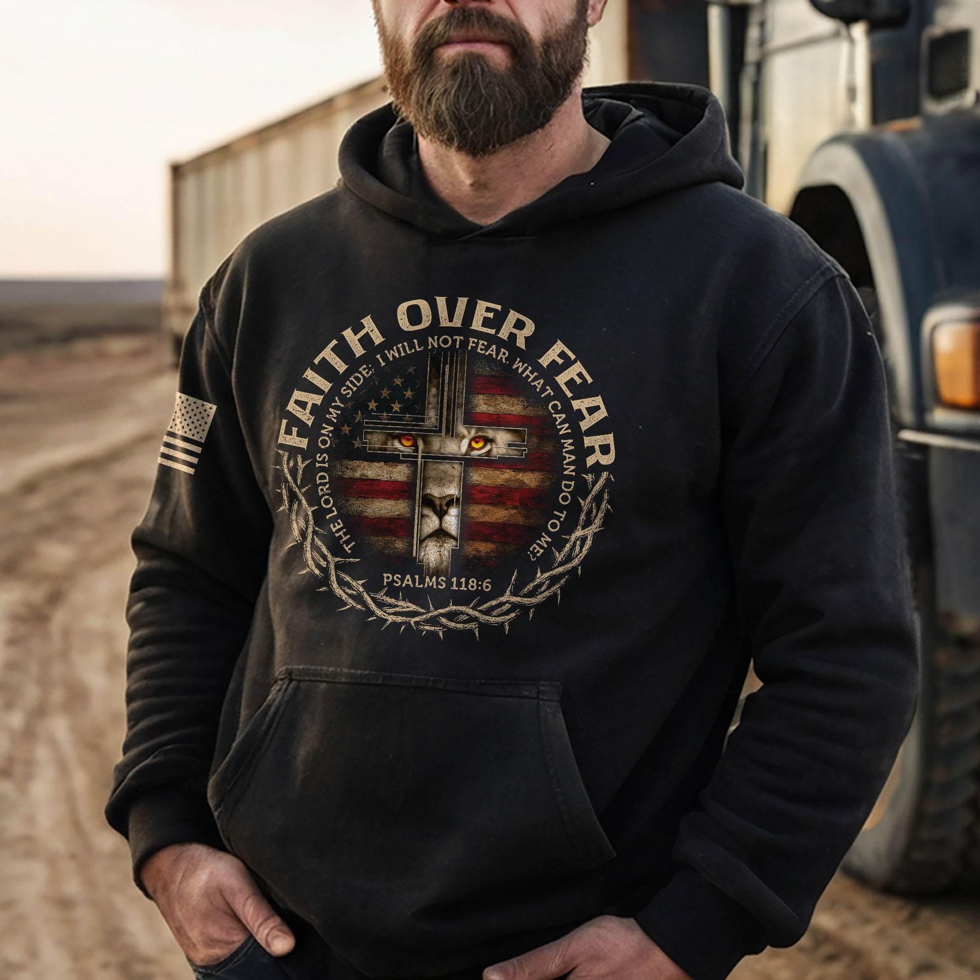 Faith Over Fear Lion Cross American Flag Hoodie - Rust Field Wear