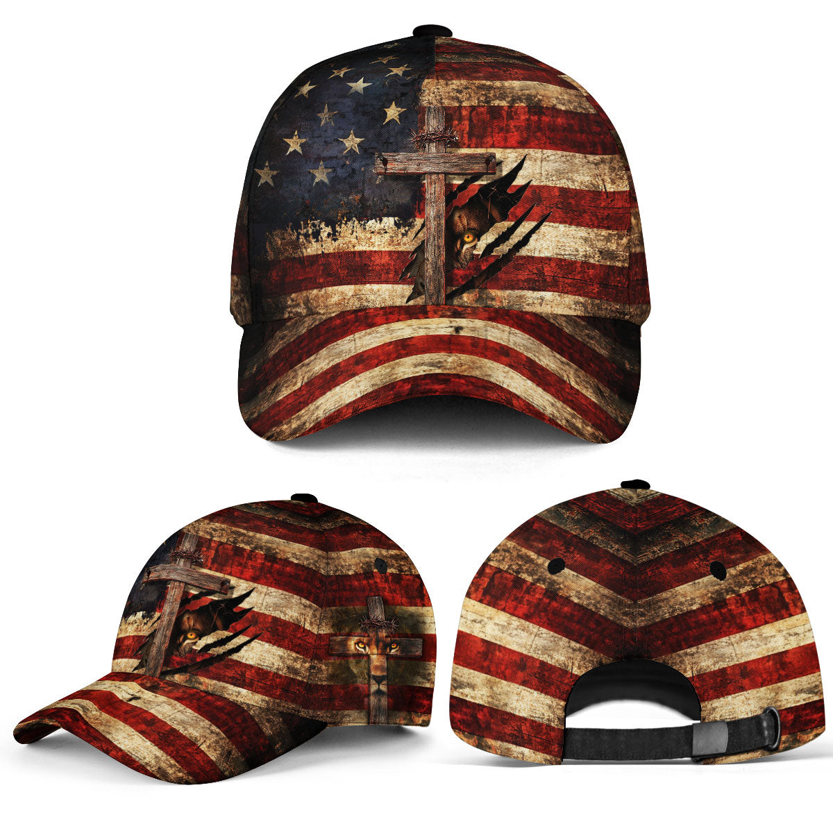 American Flag Lion Eye Cross Crown Christian Hat