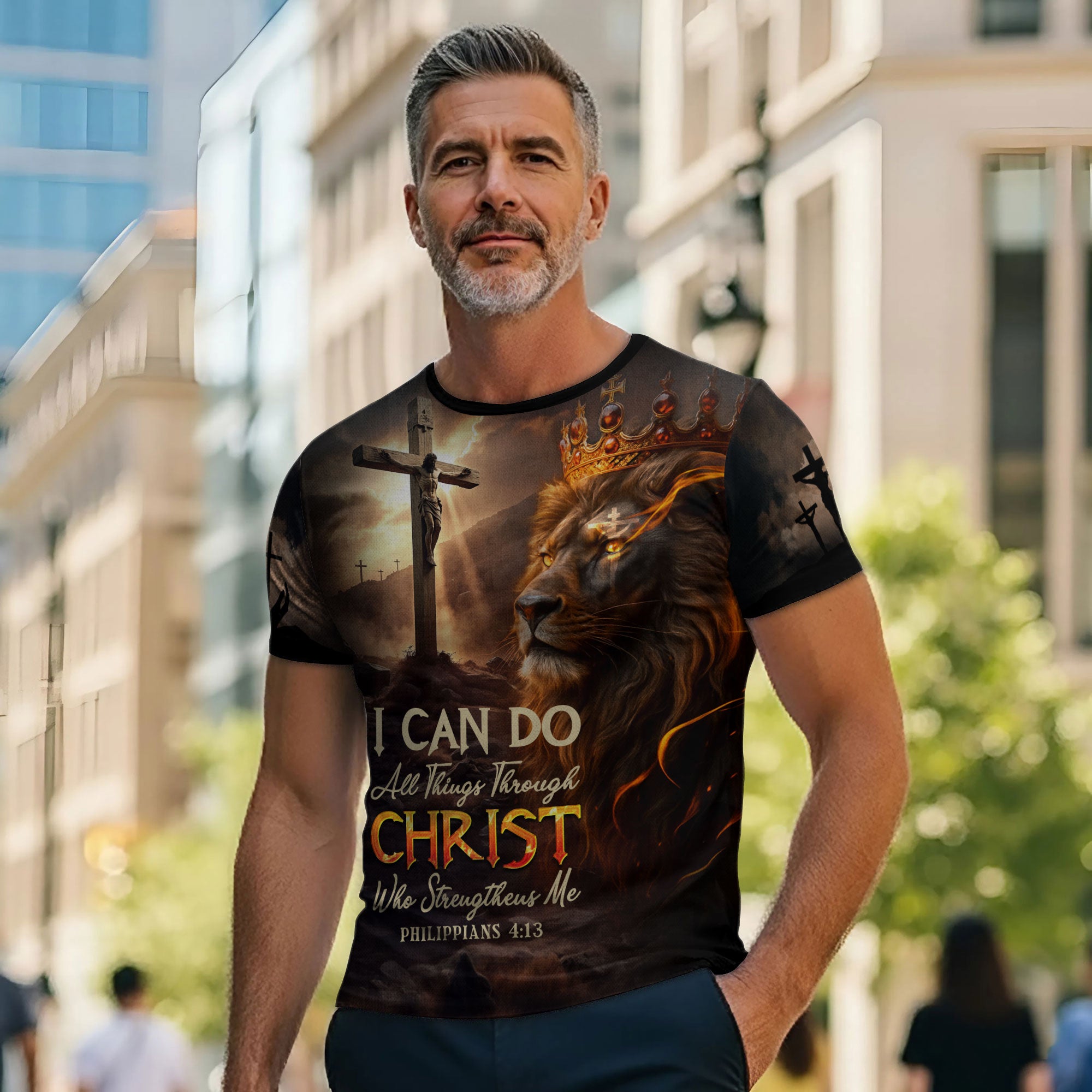 I Can Do All Things Through Christ Lion of Judah Cross Fire Christian T-Shirt